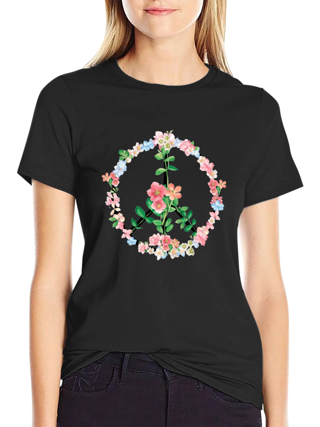 Floral Peace Sign Graphic T-Shirt - Black