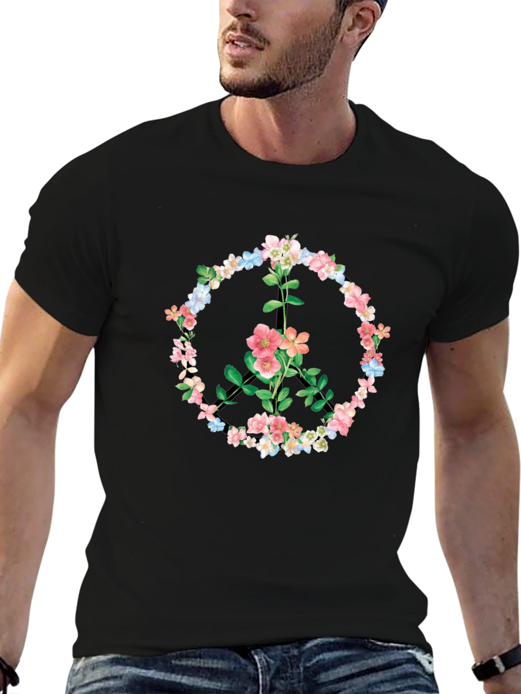 Floral Peace Sign Graphic T-Shirt - Black