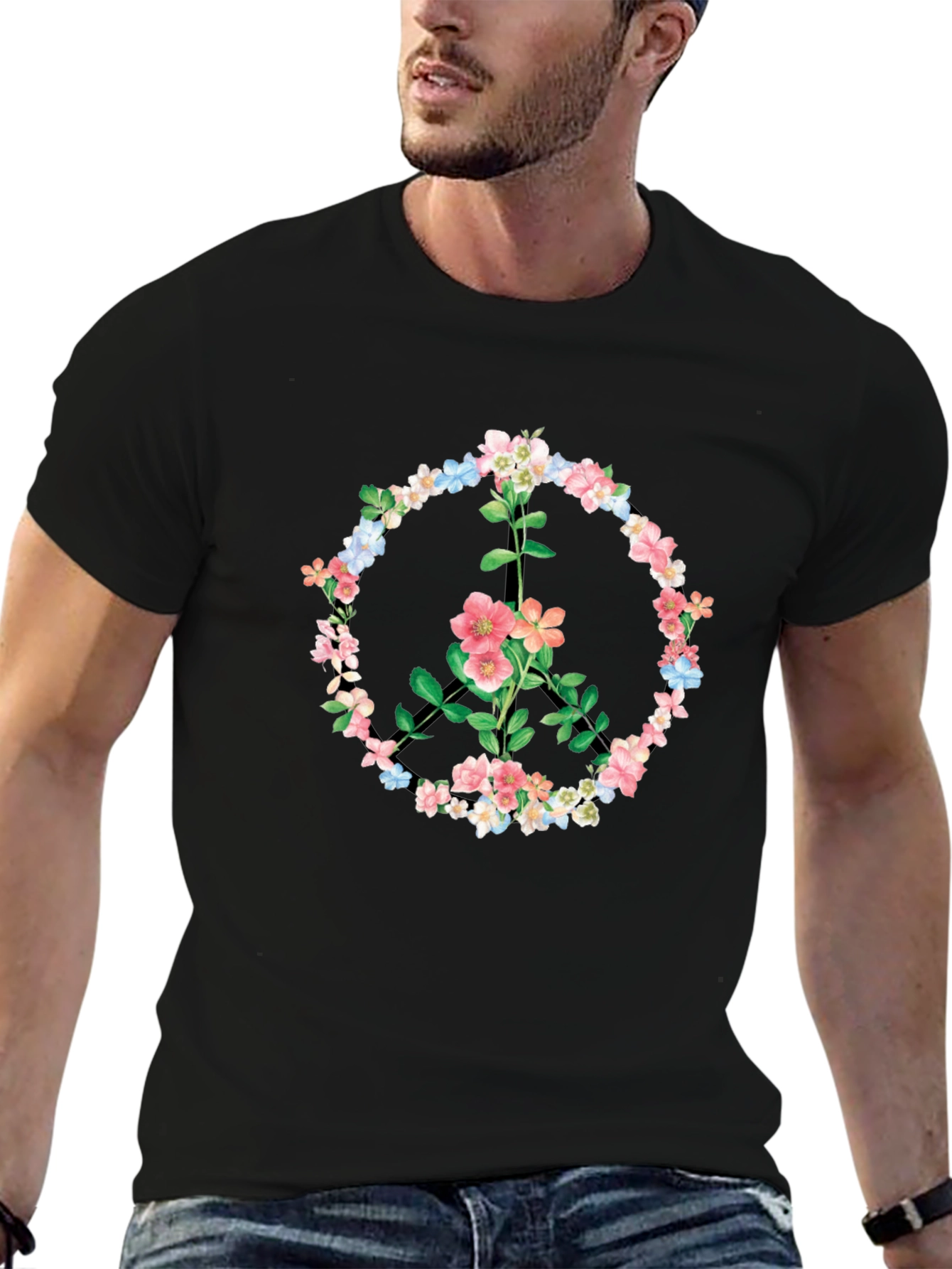 Floral Peace Sign Graphic T-Shirt - Black