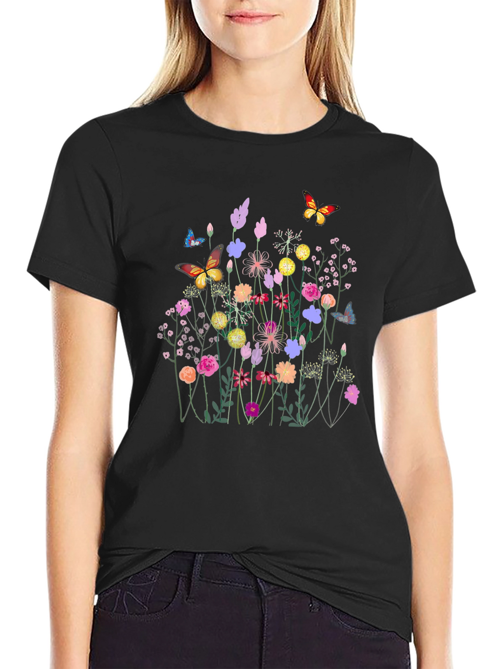 Floral Butterfly Black T-Shirt