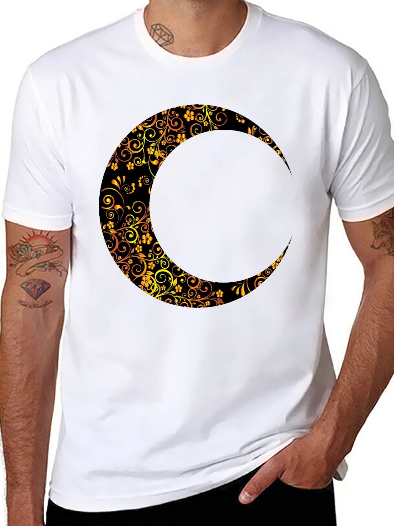 Floral Crescent Moon Black T-Shirt