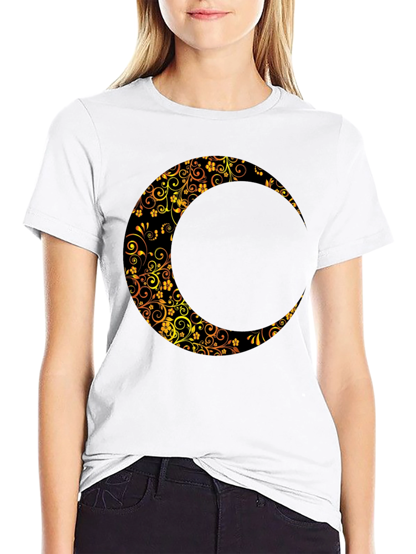 Floral Crescent Moon Black T-Shirt