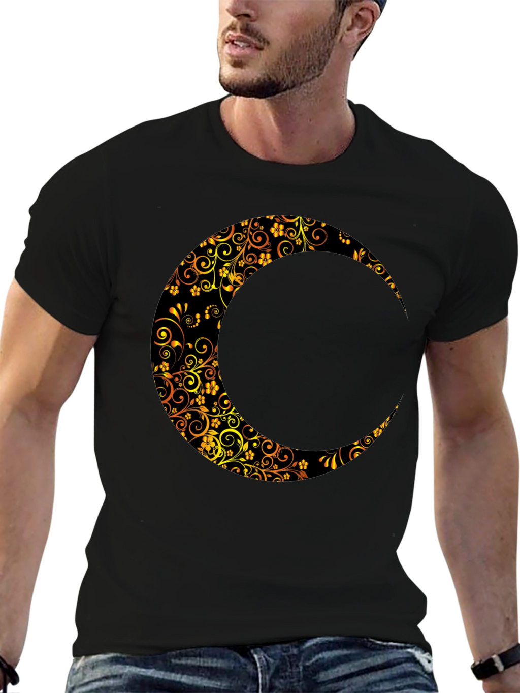 Floral Crescent Moon Black T-Shirt
