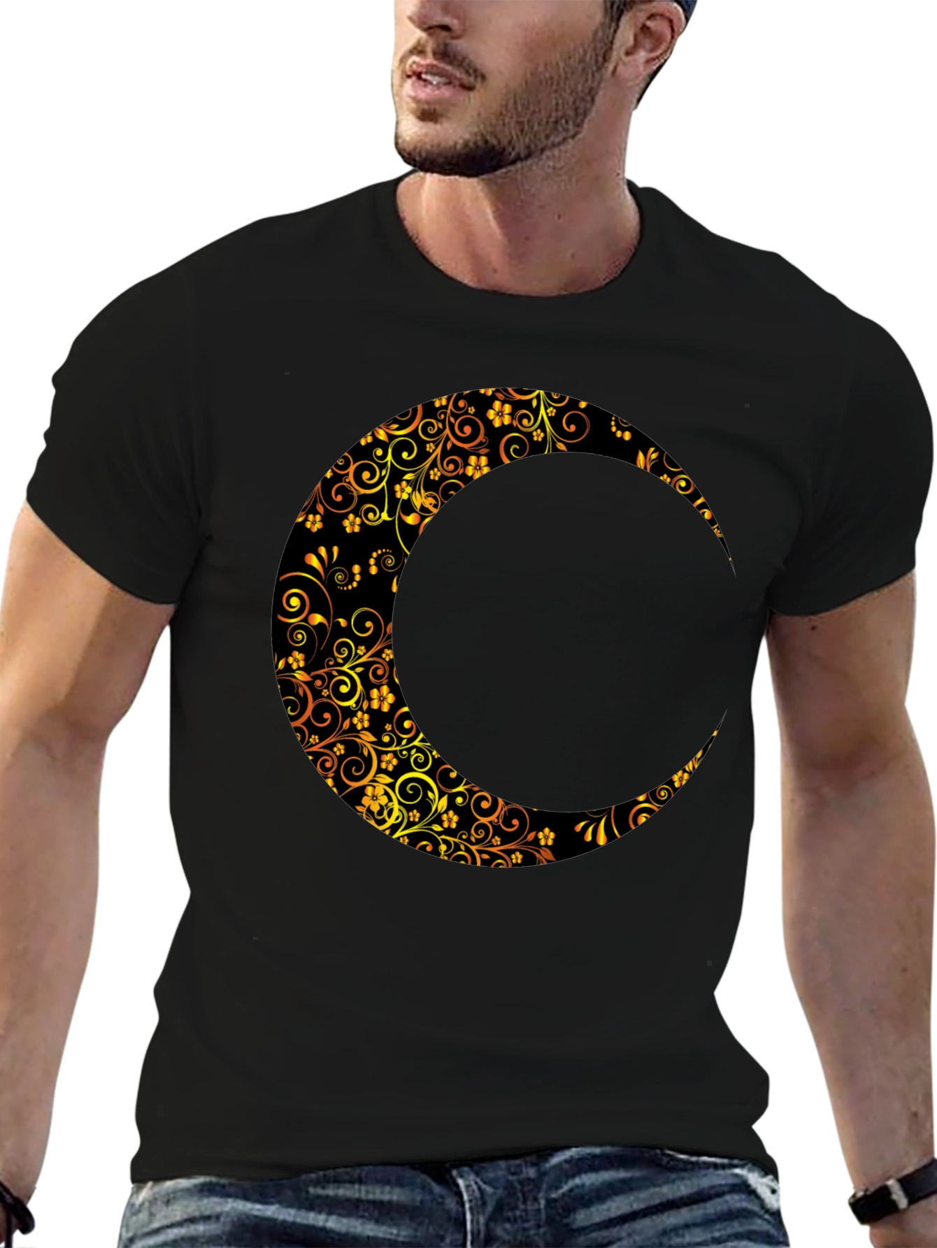 Floral Crescent Moon Black T-Shirt