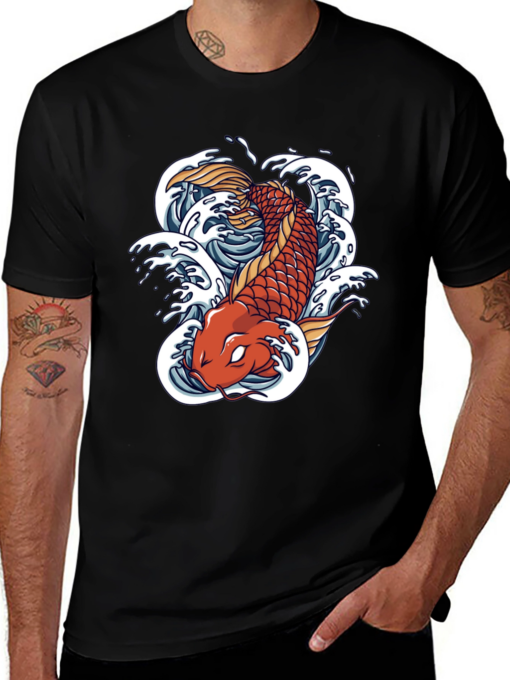 Koi Fish Graphic Tee - Black Cotton T-Shirt