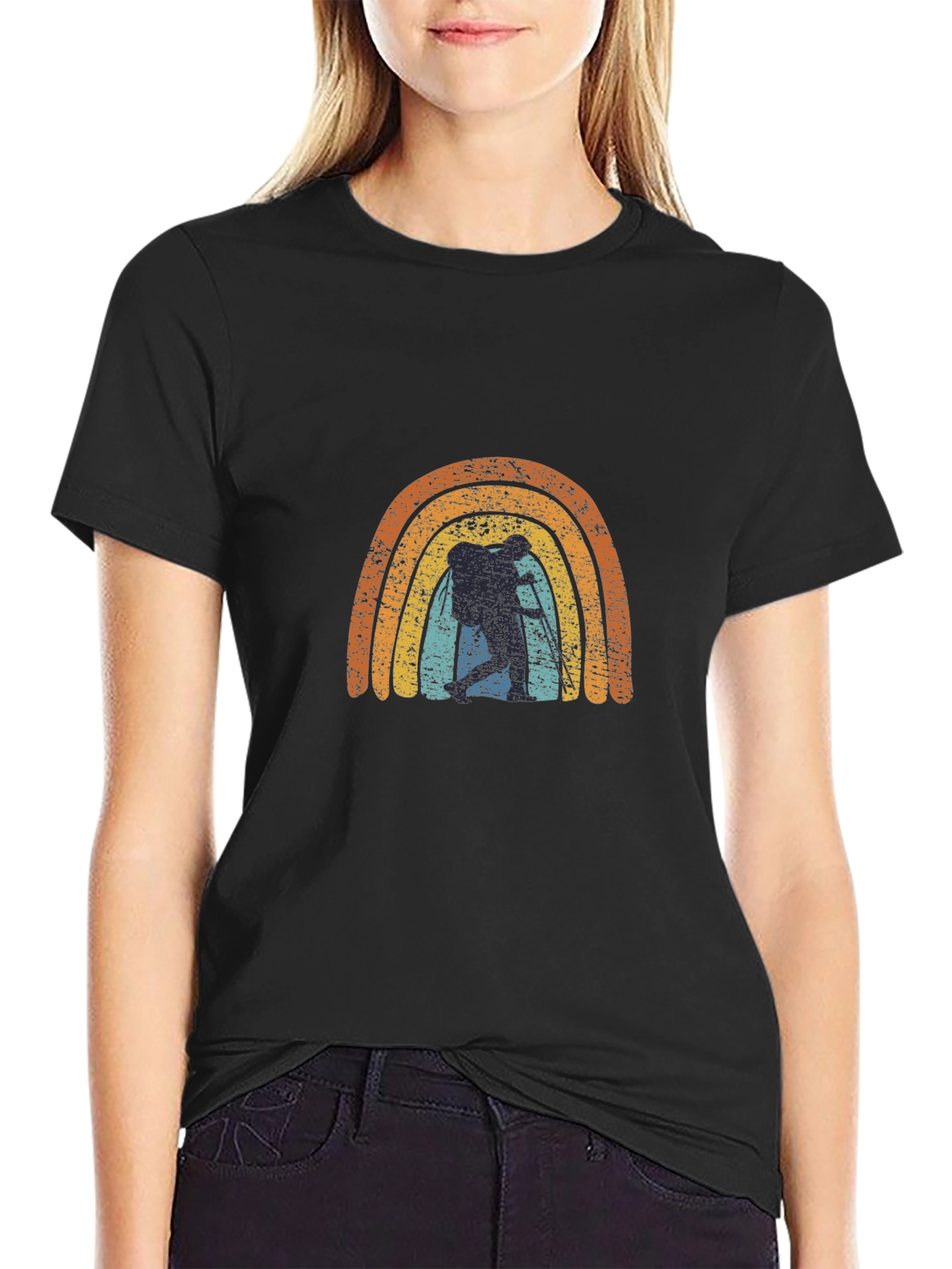 Retro Hiker Rainbow Graphic Tee - Black Cotton Blend