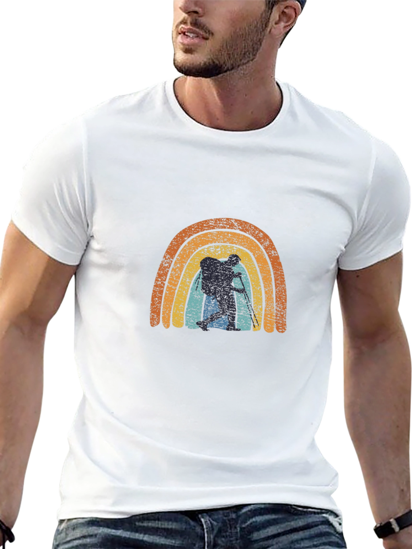 Retro Hiker Rainbow Graphic Tee - Black Cotton Blend