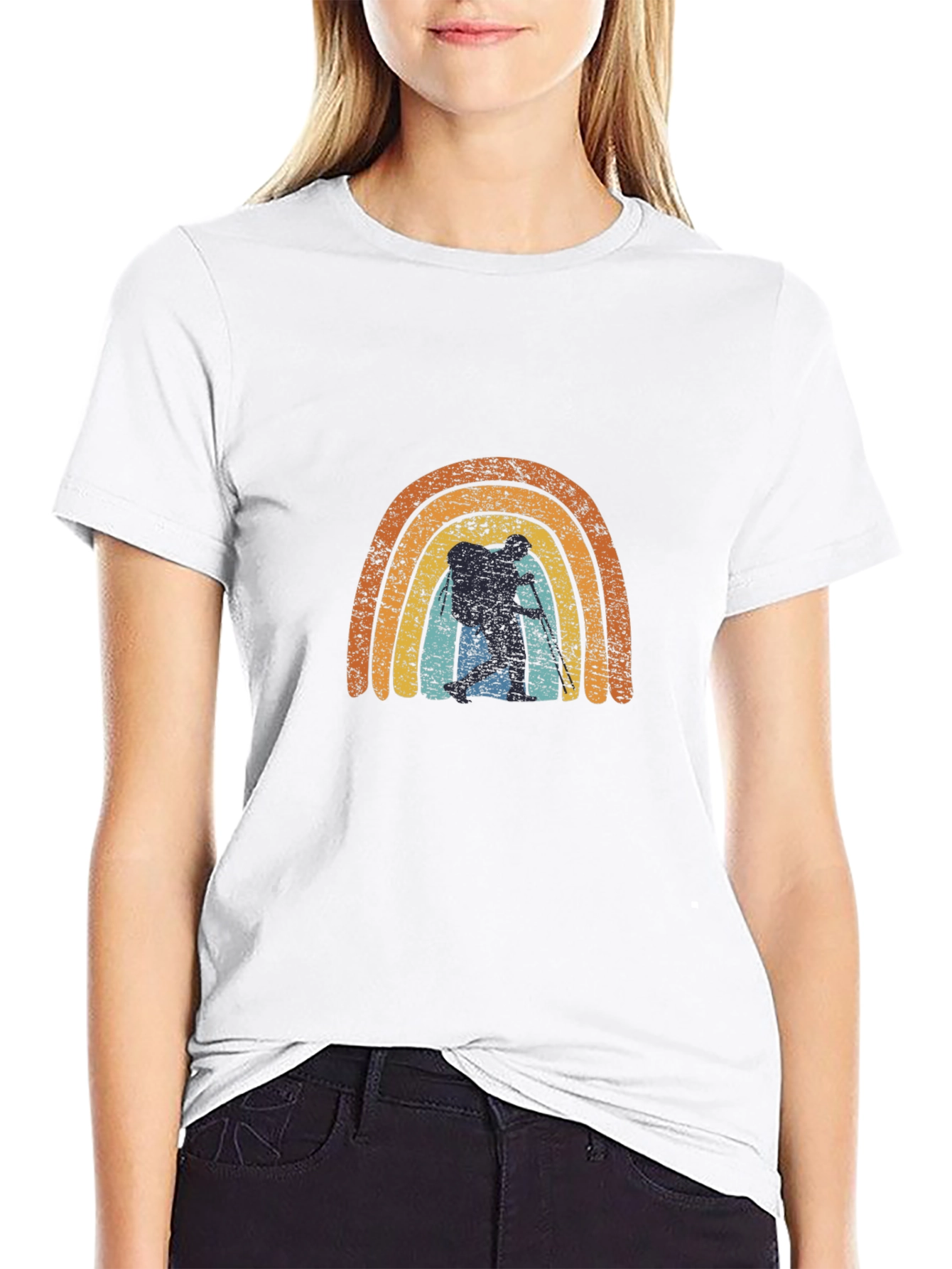 Retro Hiker Rainbow Graphic Tee - Black Cotton Blend