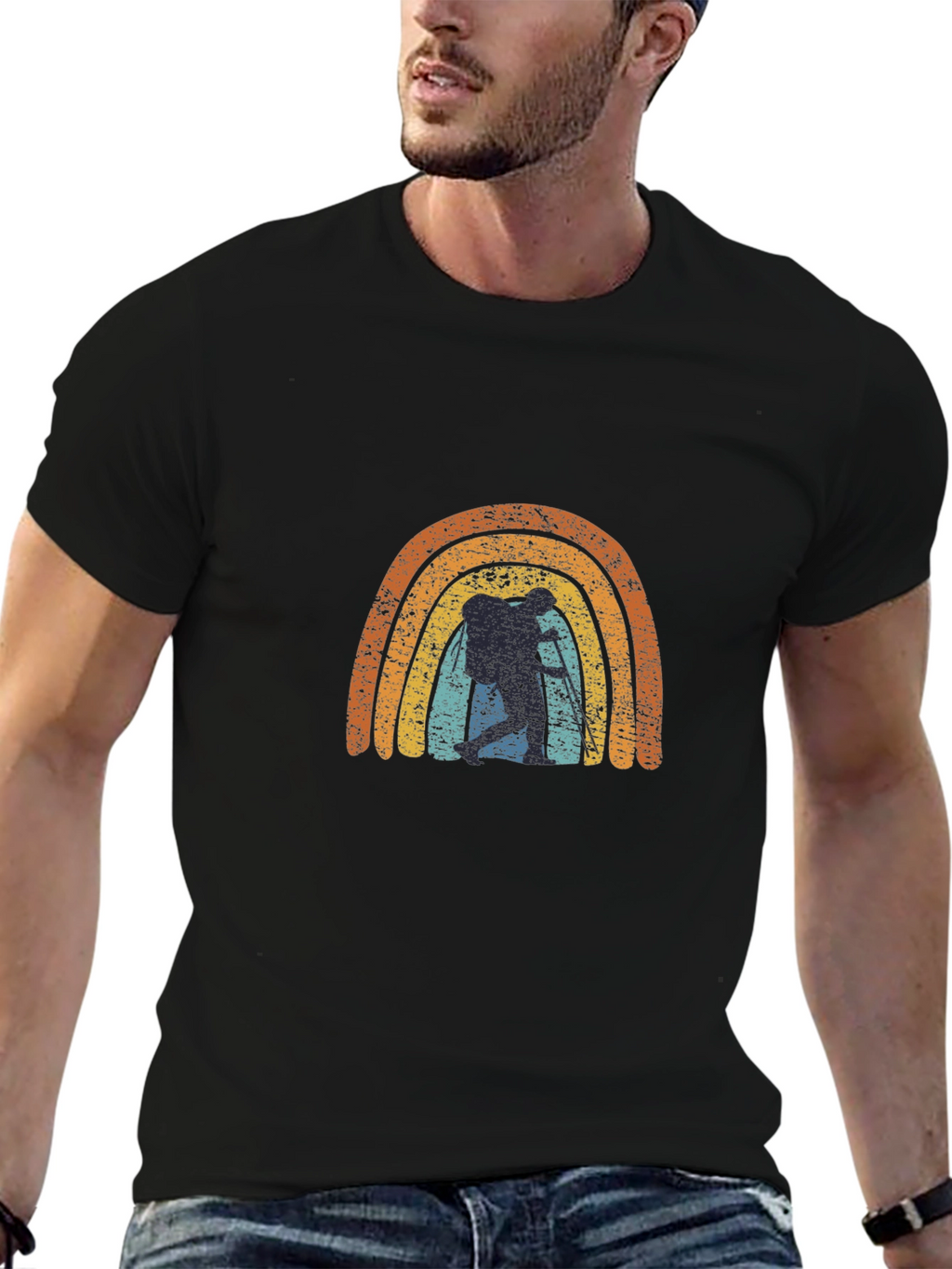 Retro Hiker Rainbow Graphic Tee - Black Cotton Blend