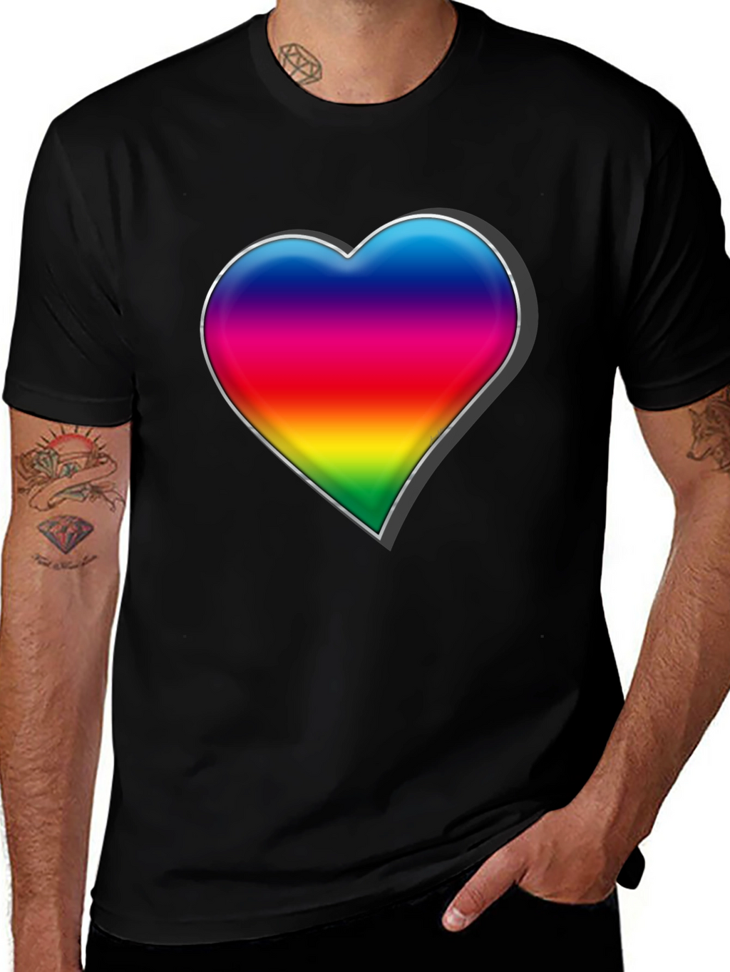 Rainbow Heart Graphic Tee - Black Cotton Blend Shirt