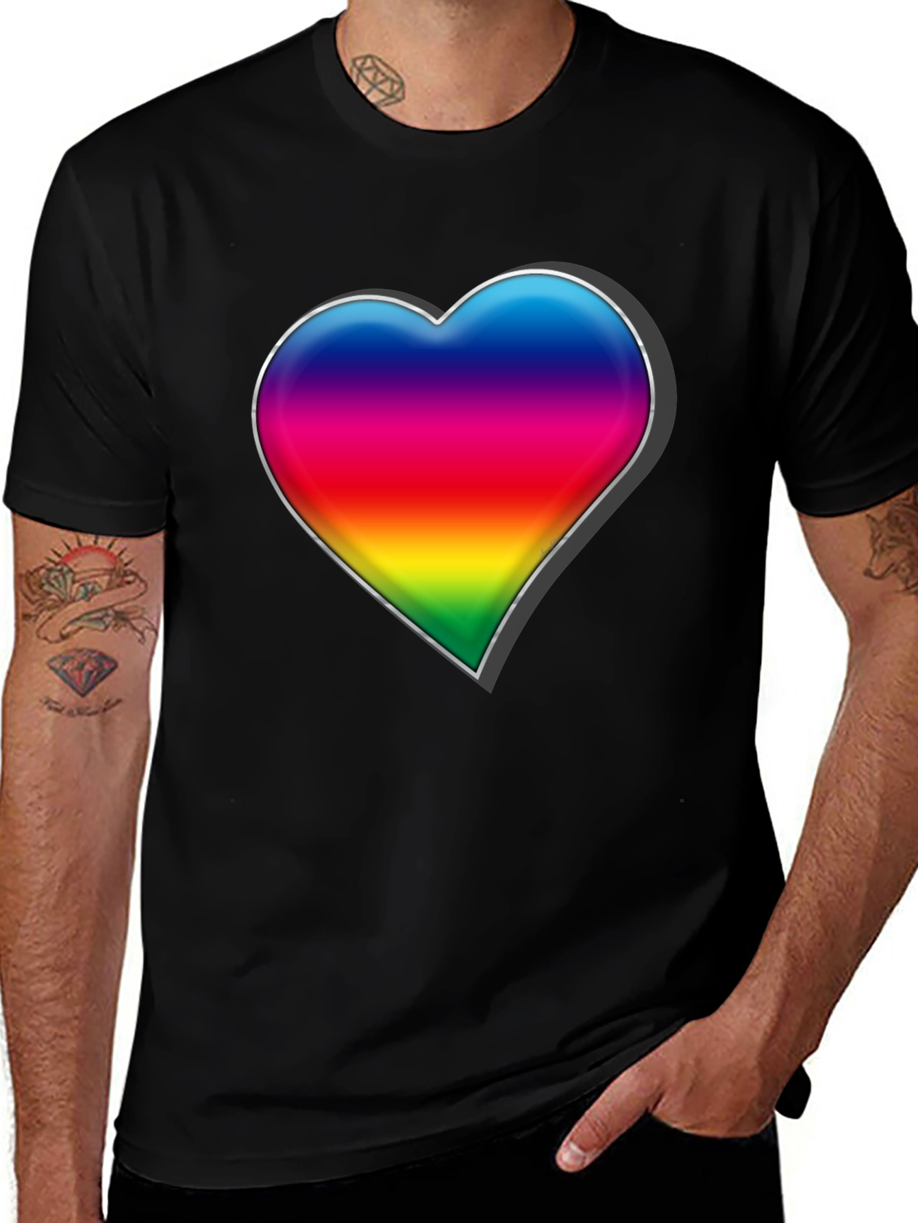 Rainbow Heart Graphic Tee - Black Cotton Blend Shirt
