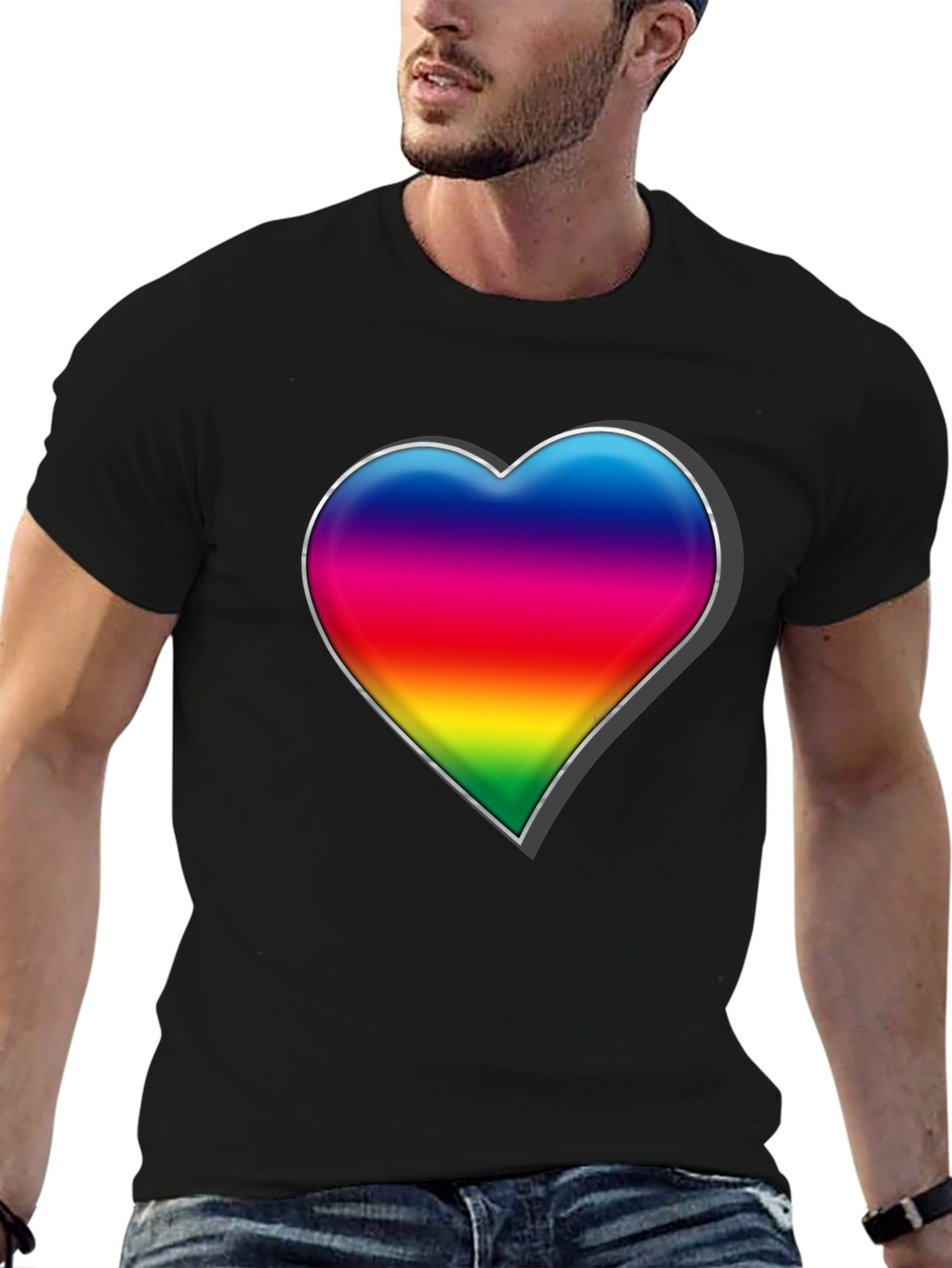 Rainbow Heart Graphic Tee - Black Cotton Blend Shirt
