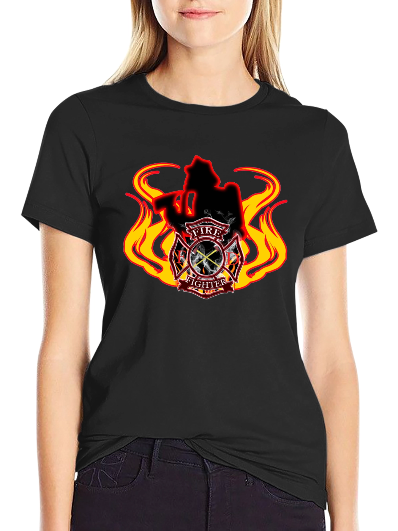 Firefighter T-Shirt - Flame Design Black Tee