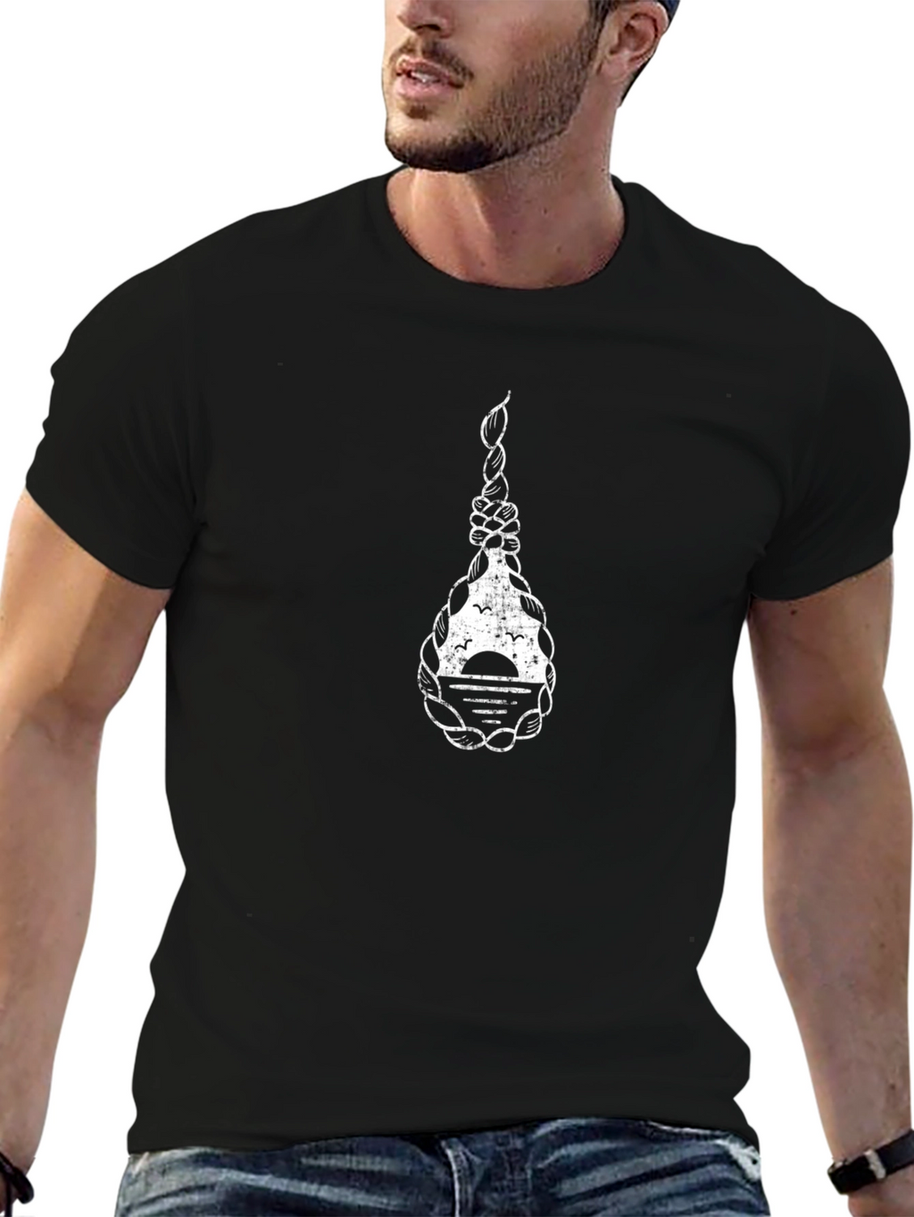 Mens Black Graphic T-Shirt - Nautical Rope Sunset Design