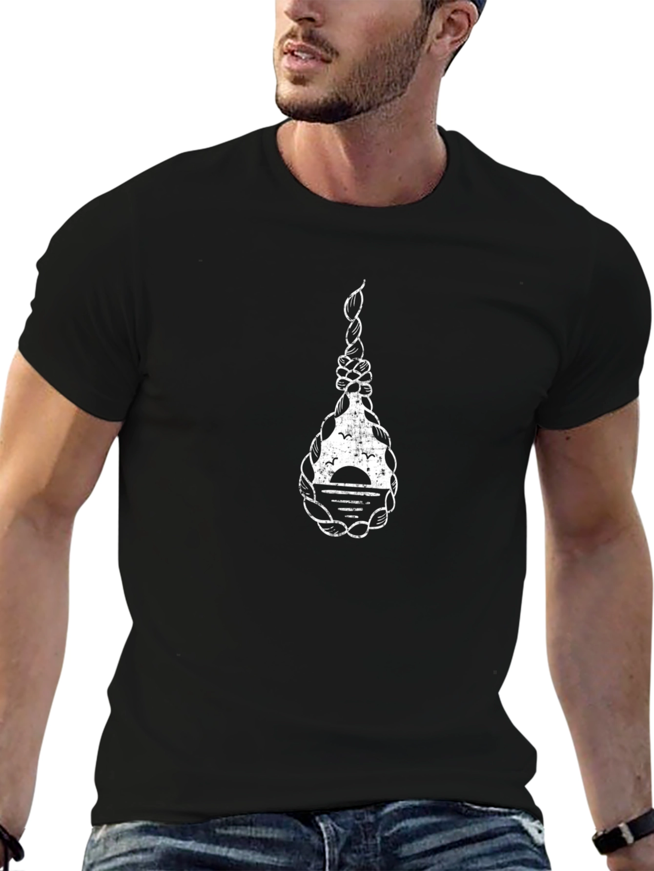 Mens Black Graphic T-Shirt - Nautical Rope Sunset Design