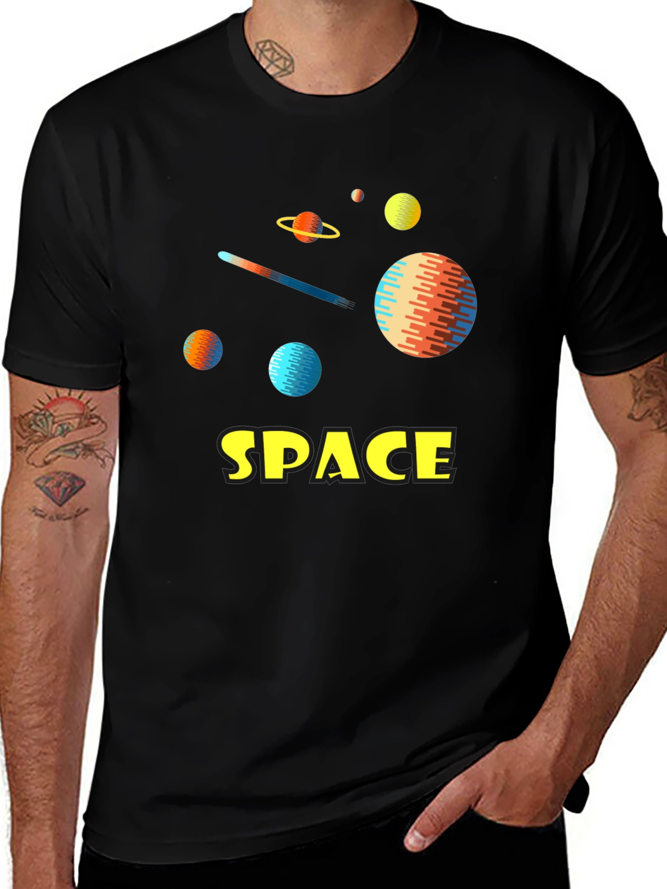 Space Planets Graphic Tee - Black Cotton T-Shirt