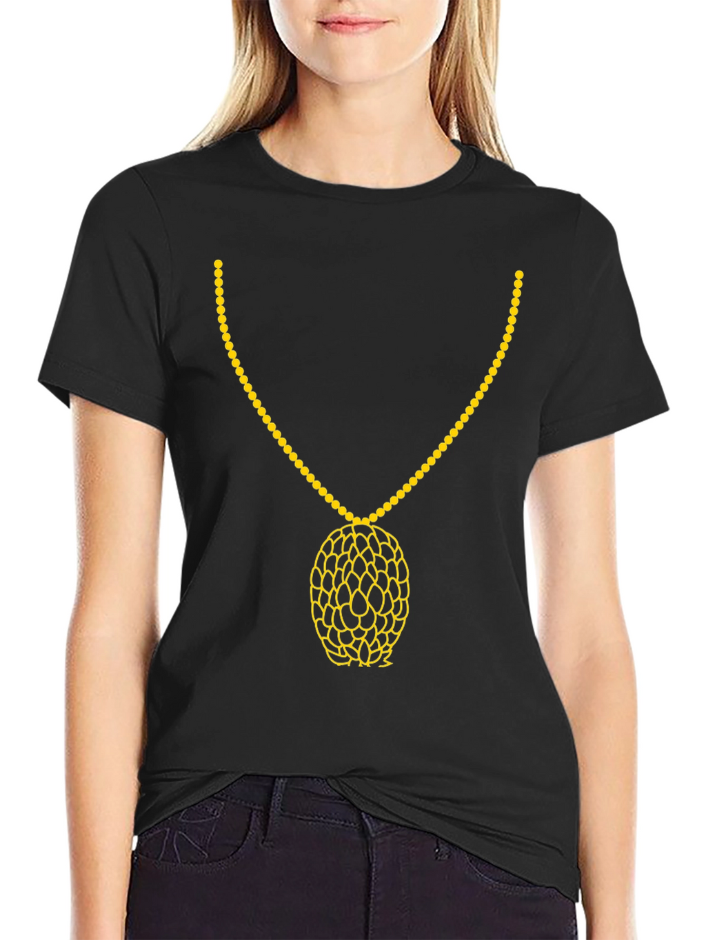 Black T-Shirt with Gold Necklace Print