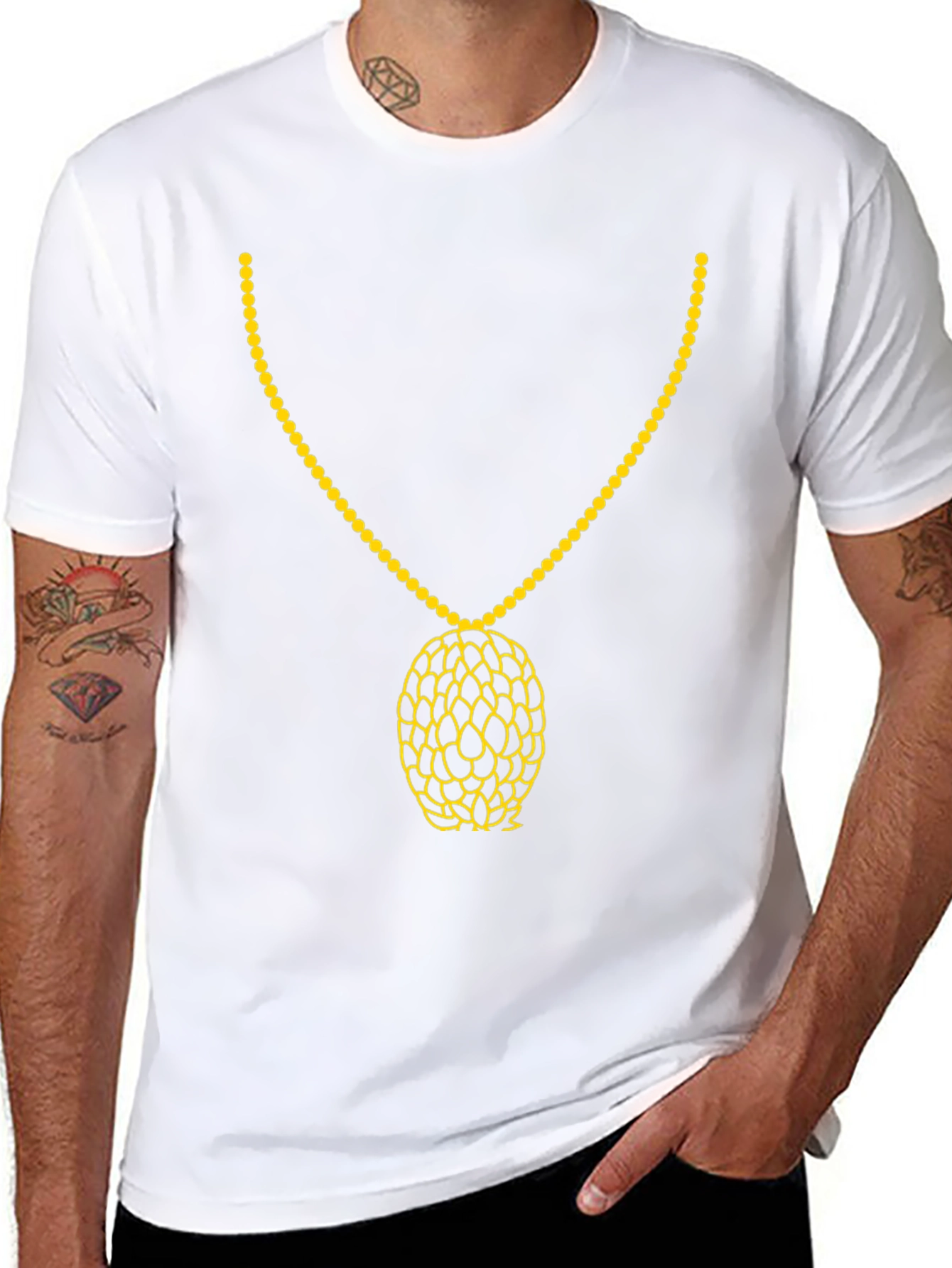 Black T-Shirt with Gold Necklace Print