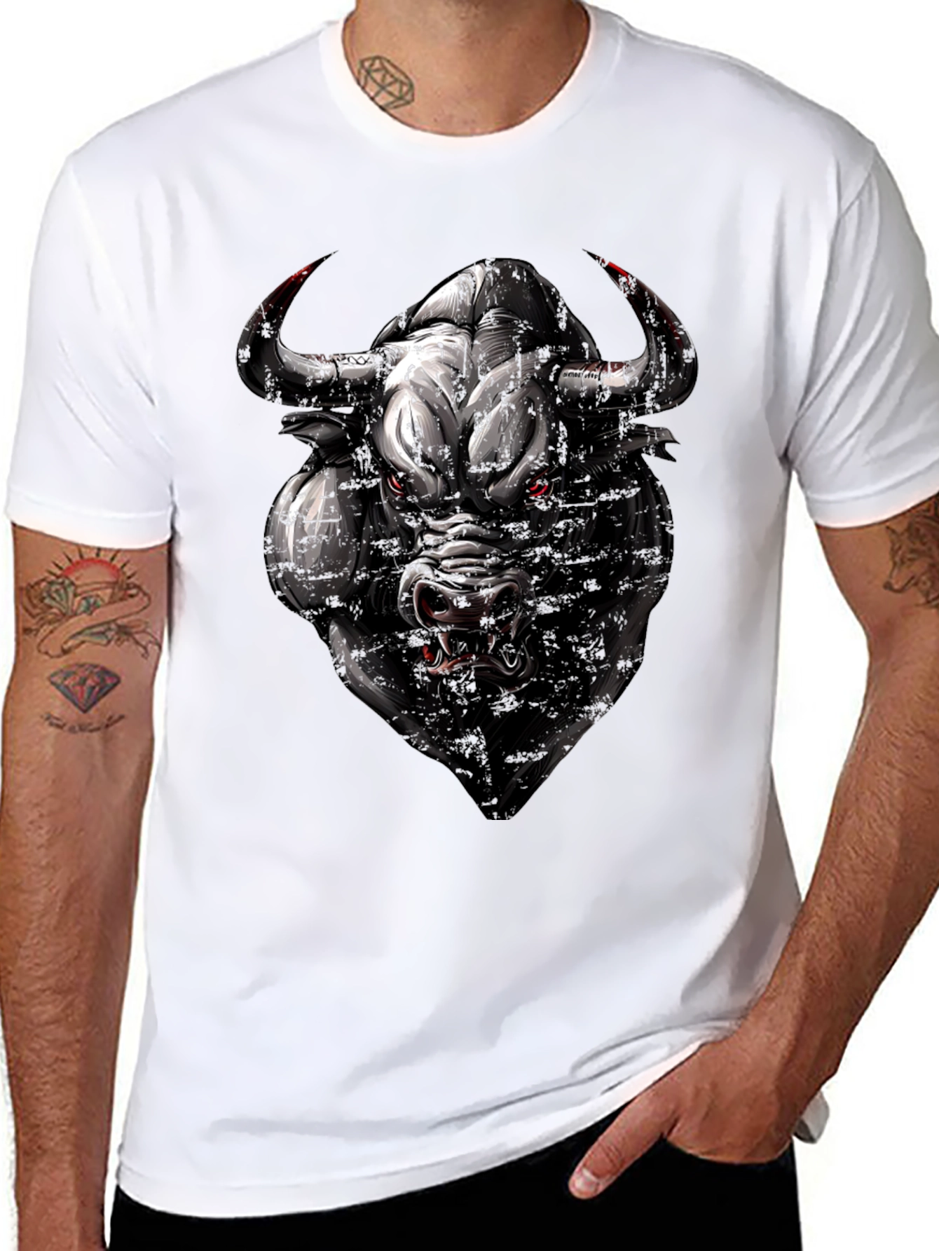 Mens Black T-Shirt with Bull Graphic