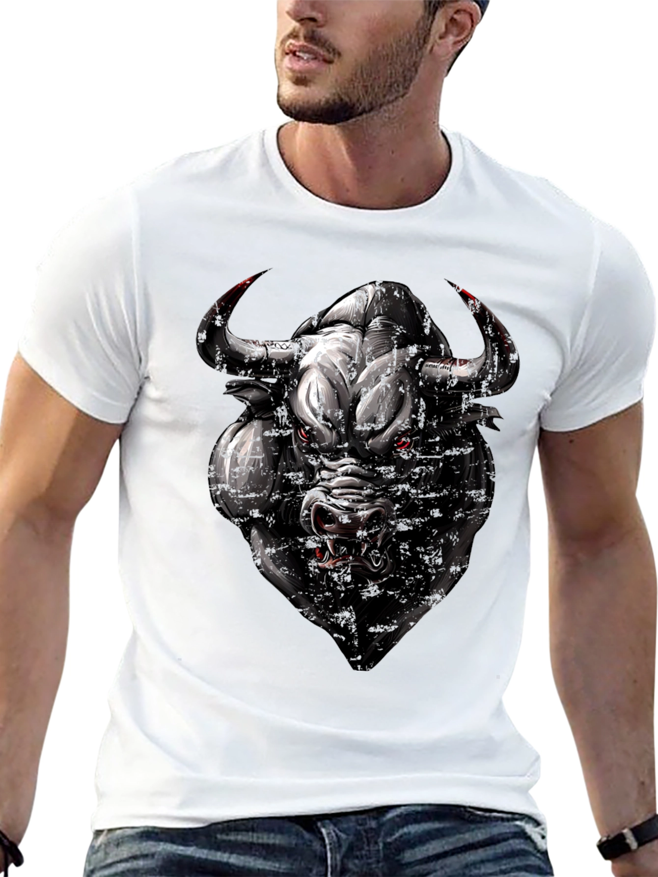 Mens Black T-Shirt with Bull Graphic