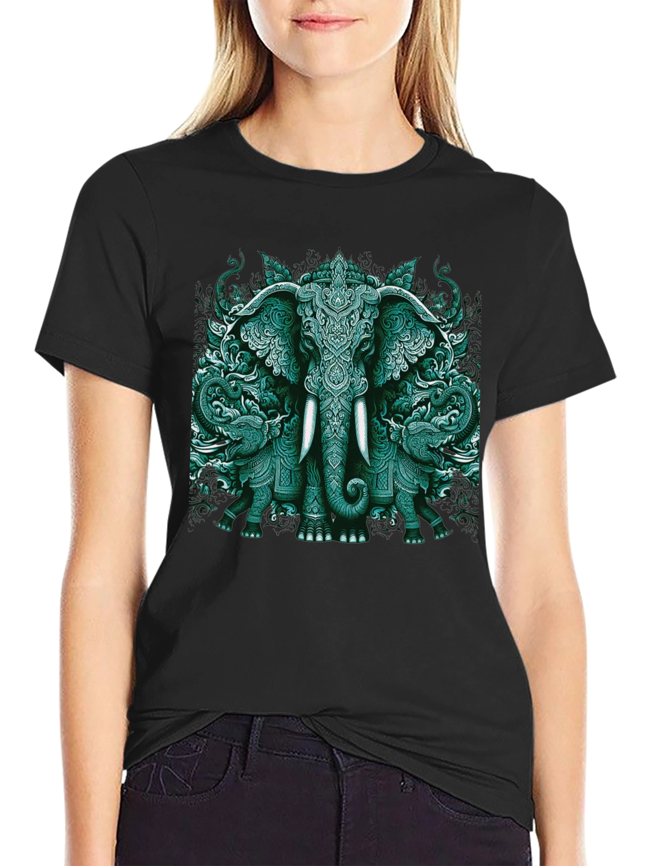Elephant Art Graphic Tee - Black Cotton Blend