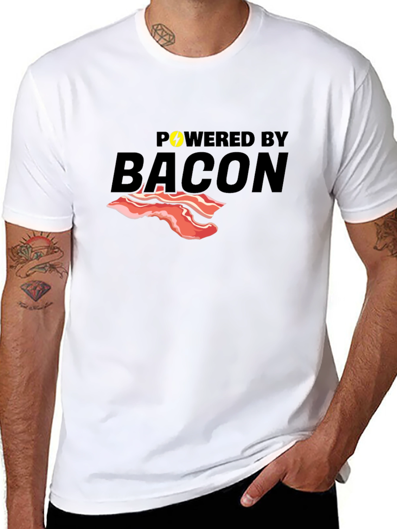 Powered By Bacon T-Shirt Funny Foodie Tee