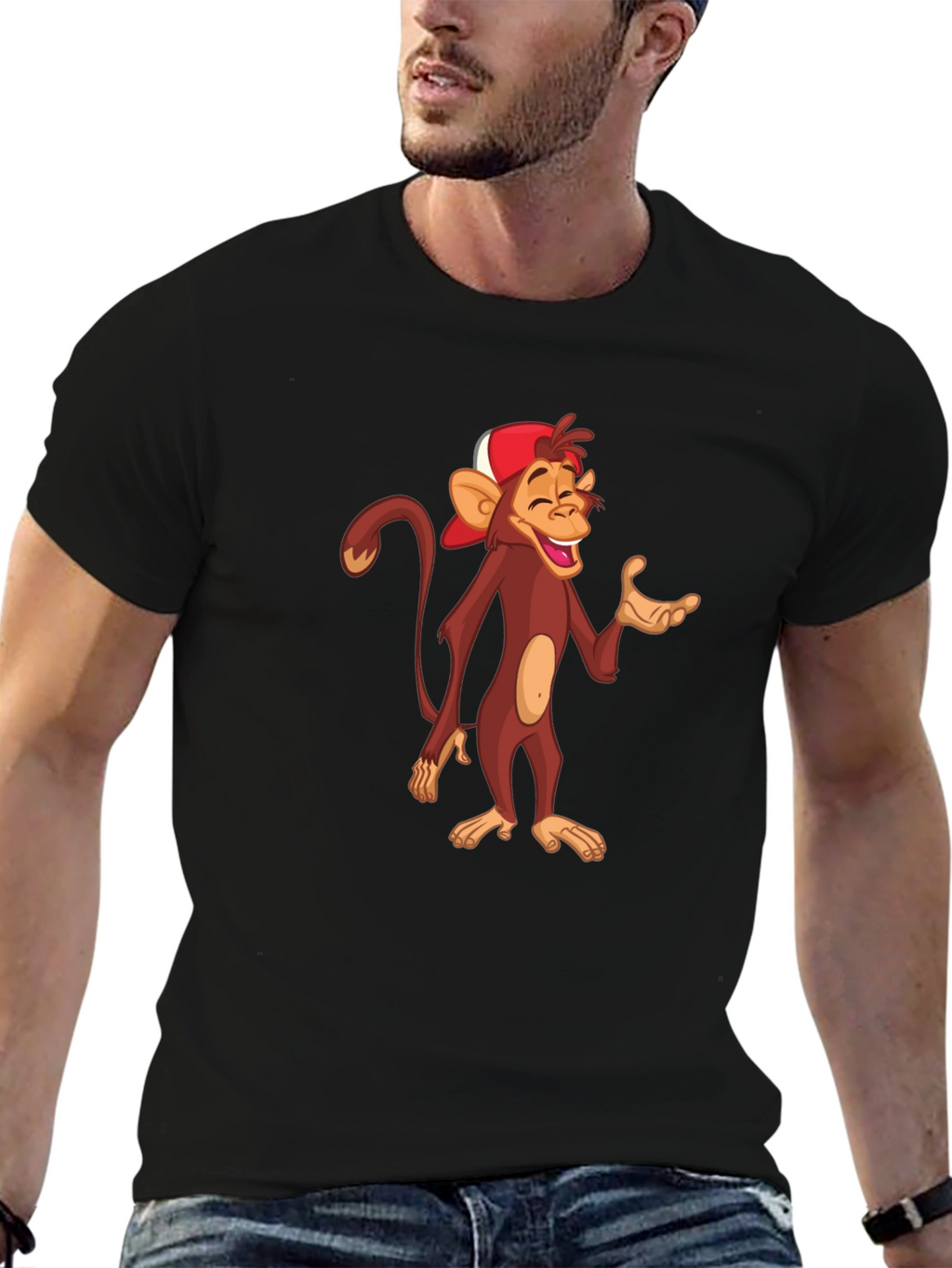 Cartoon Monkey Graphic T-Shirt - Casual Black Tee