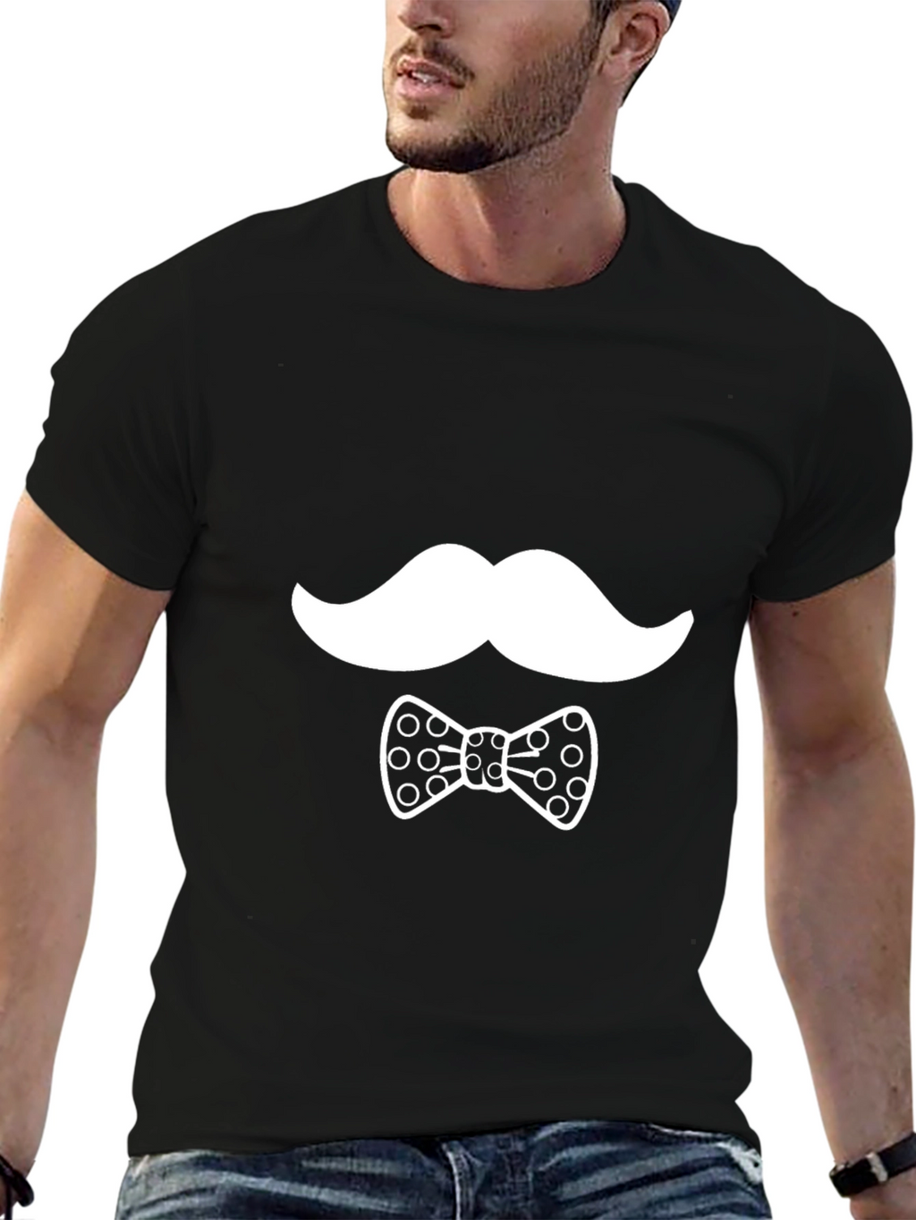 Novelty Mustache & Bow Tie Graphic Black T-Shirt