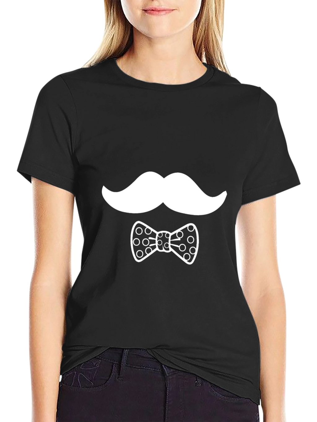 Novelty Mustache & Bow Tie Graphic Black T-Shirt