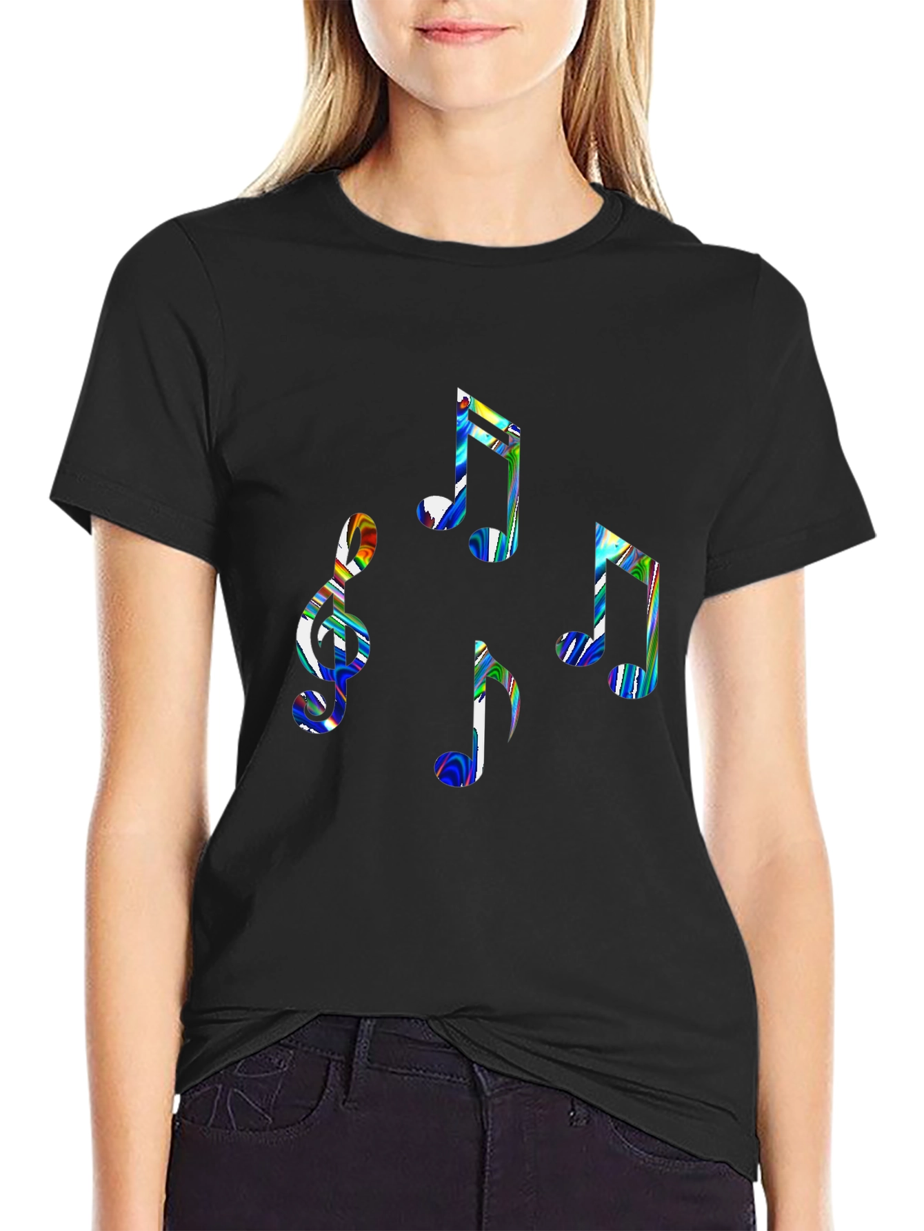 Music Notes Graphic Tee - Stylish Black Cotton T-Shirt