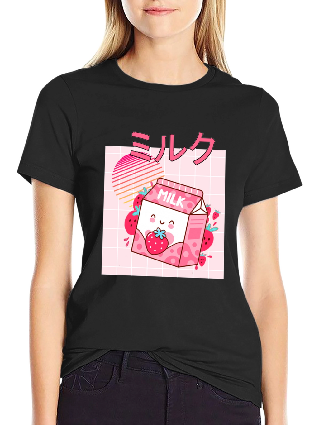 Strawberry Milk Kawaii Graphic Tee - Black