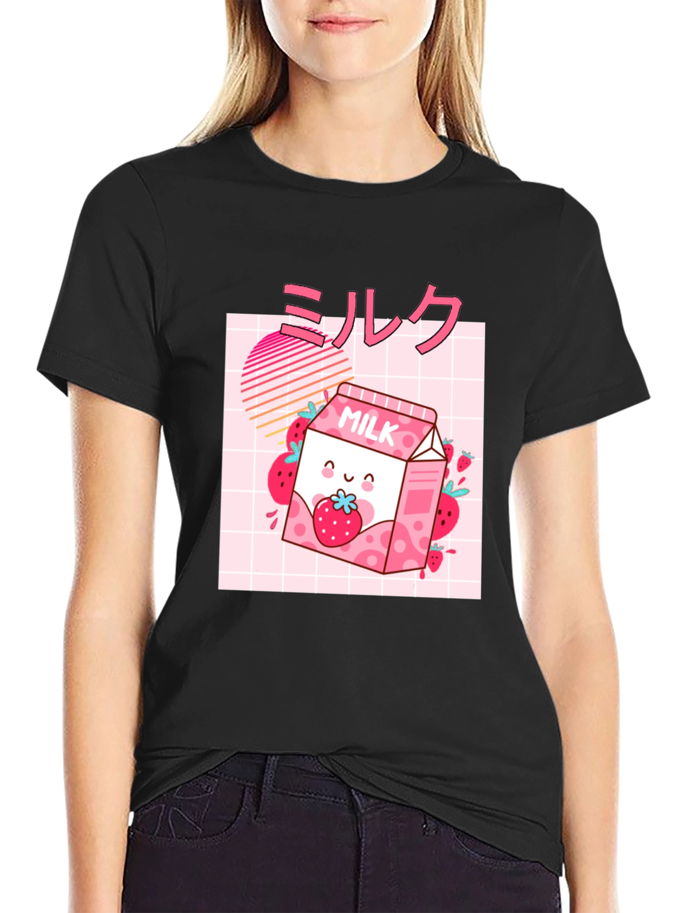 Strawberry Milk Kawaii Graphic Tee - Black
