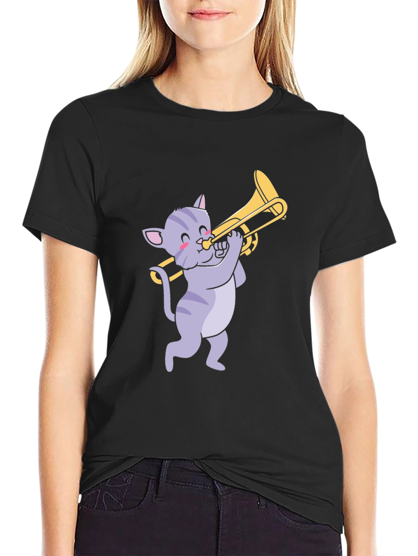 Cat Trombone Player Graphic T-Shirt