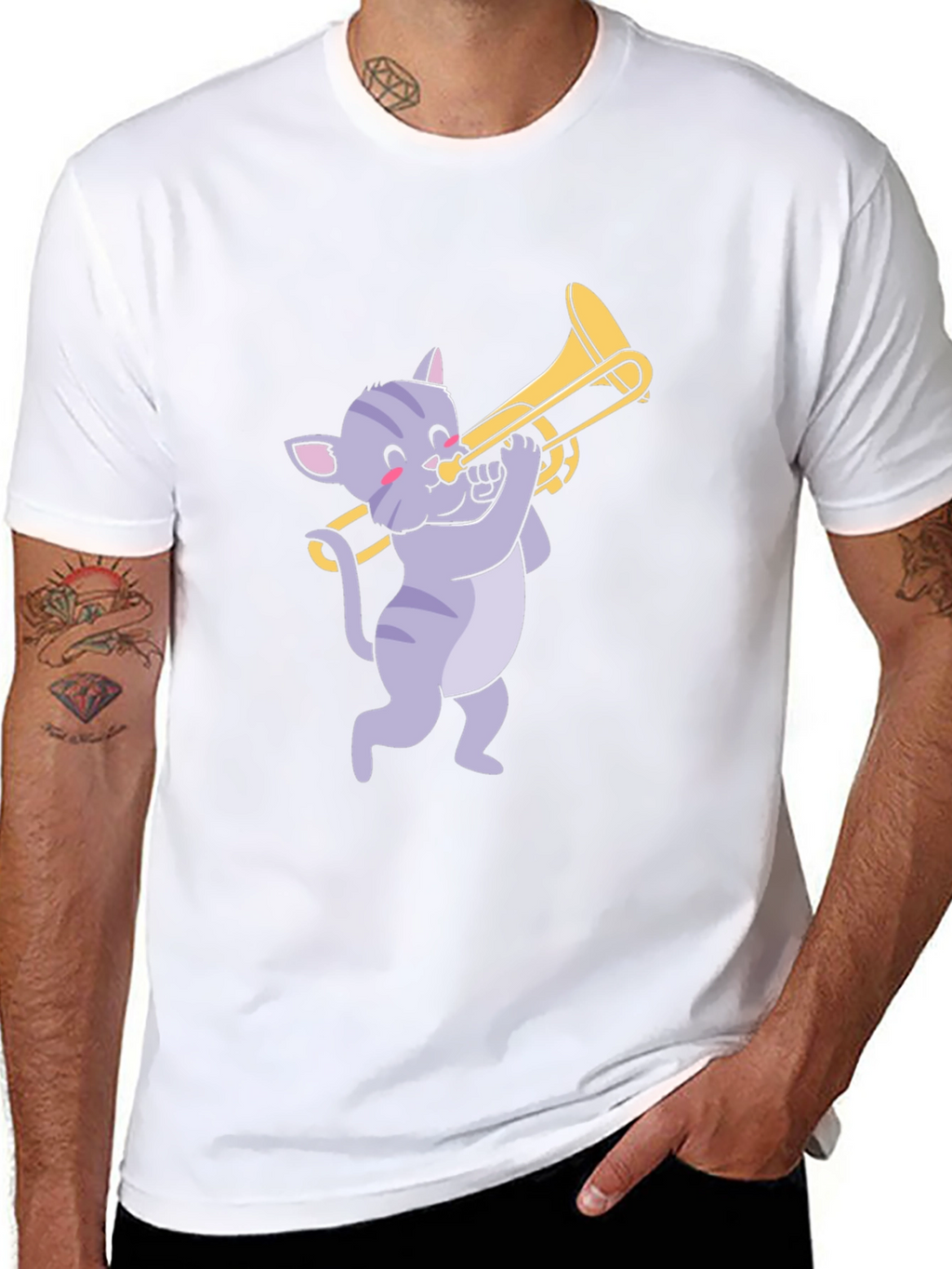 Cat Trombone Player Graphic T-Shirt