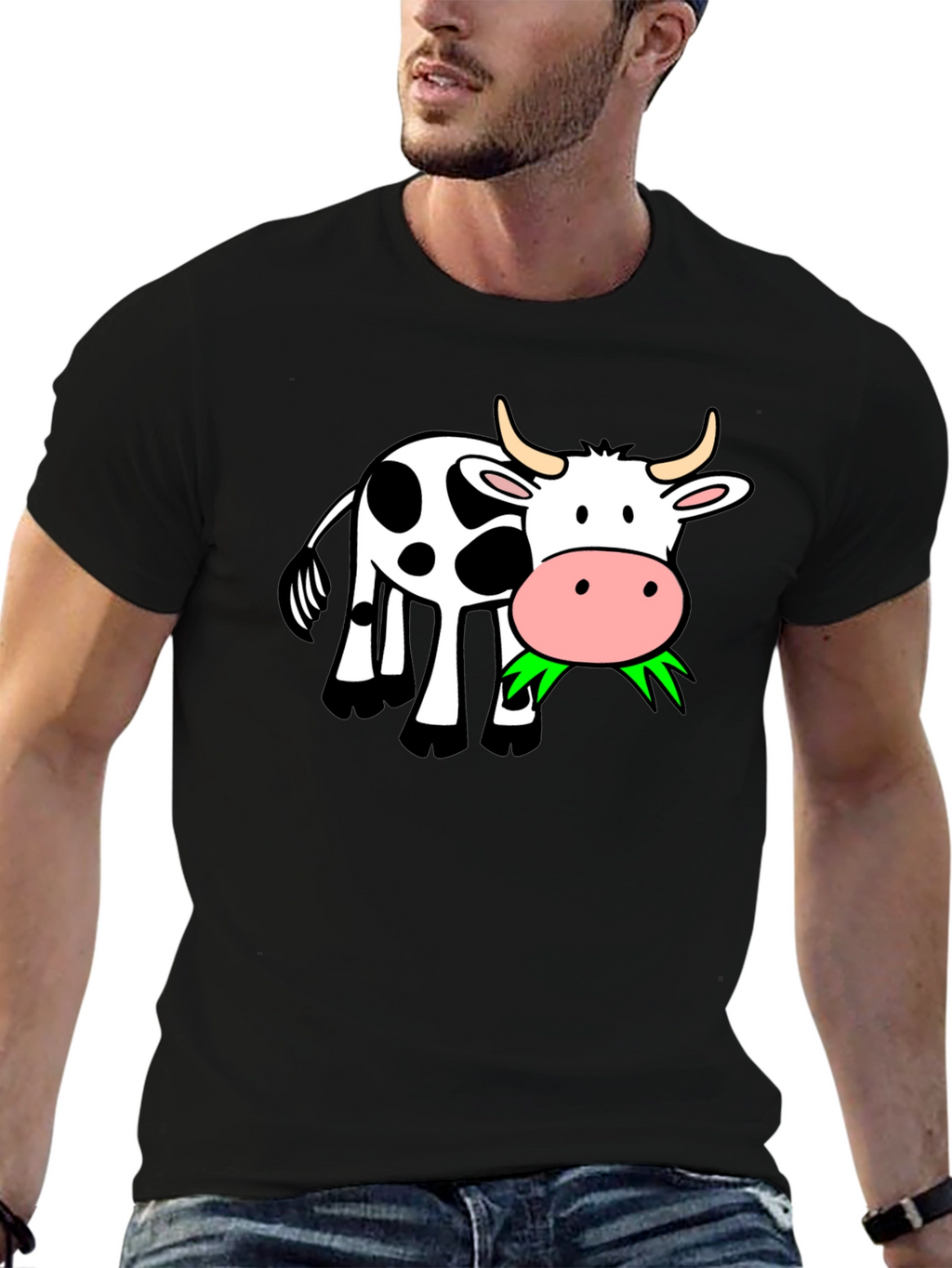 Cow Eating Grass Black T-Shirt