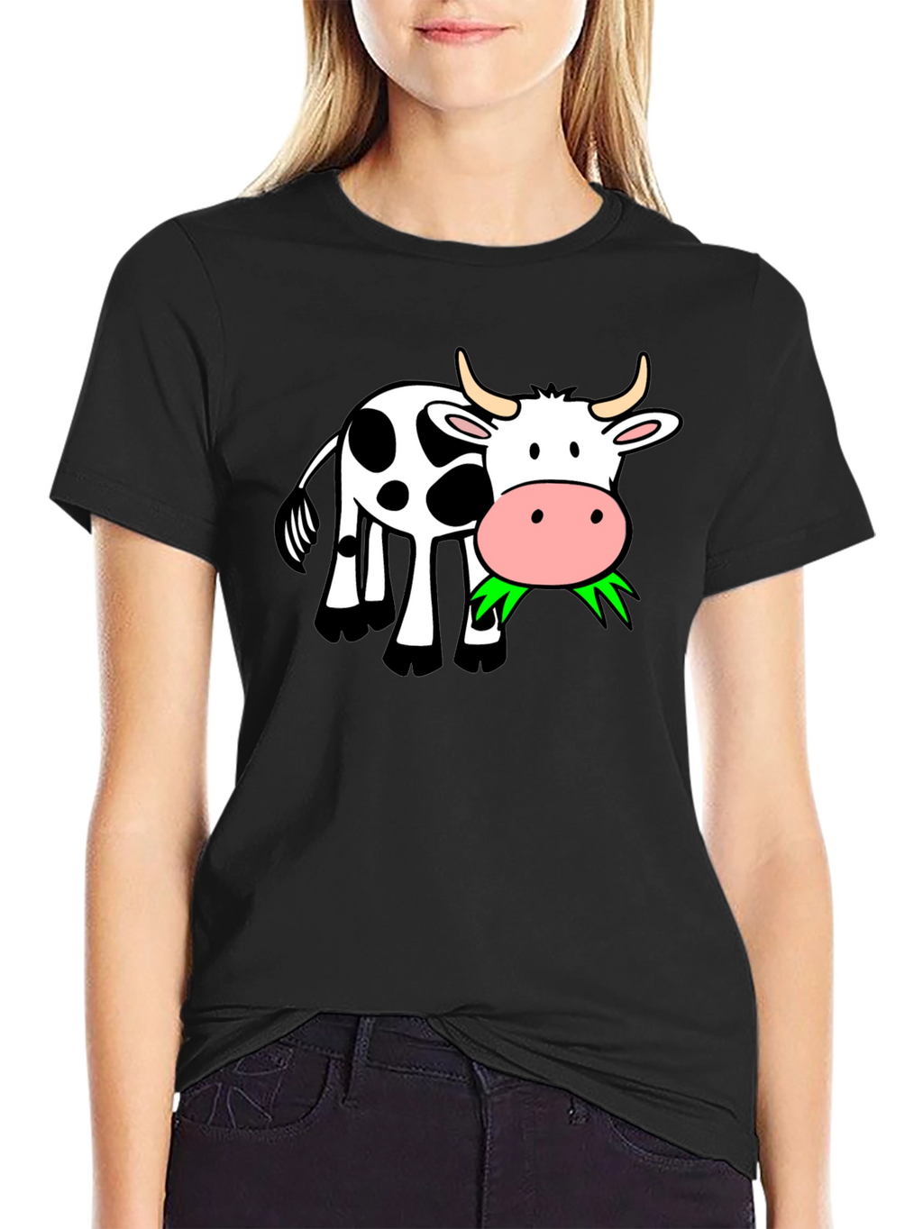 Cow Eating Grass Black T-Shirt