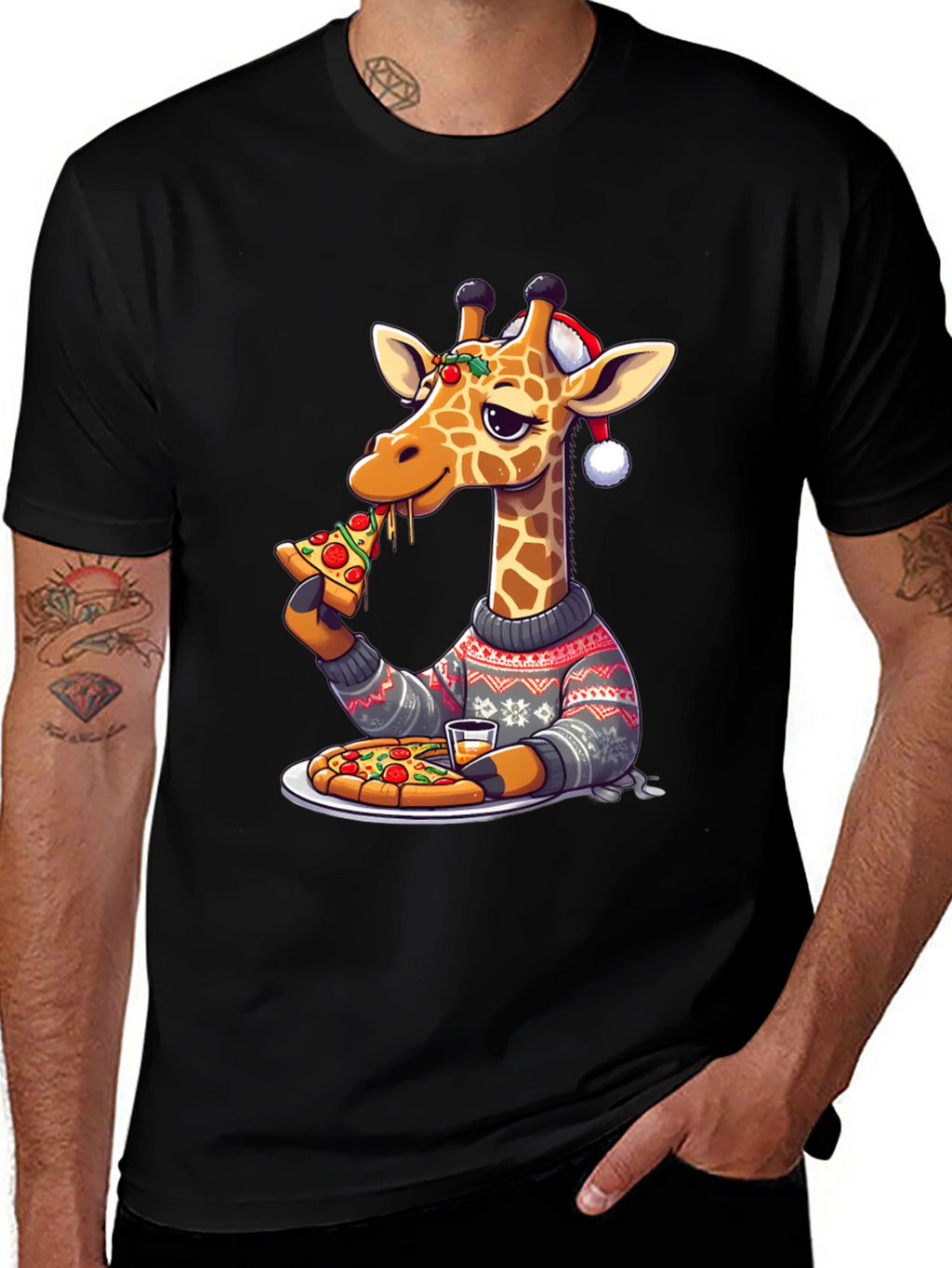 Giraffe Pizza Christmas T-Shirt