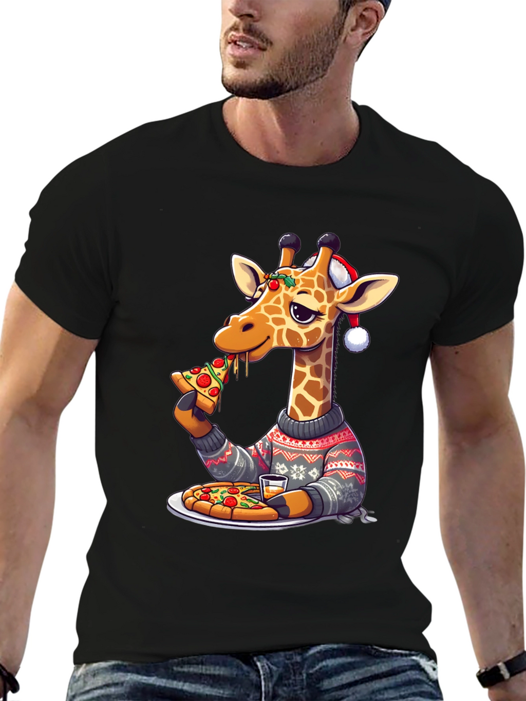 Giraffe Pizza Christmas T-Shirt