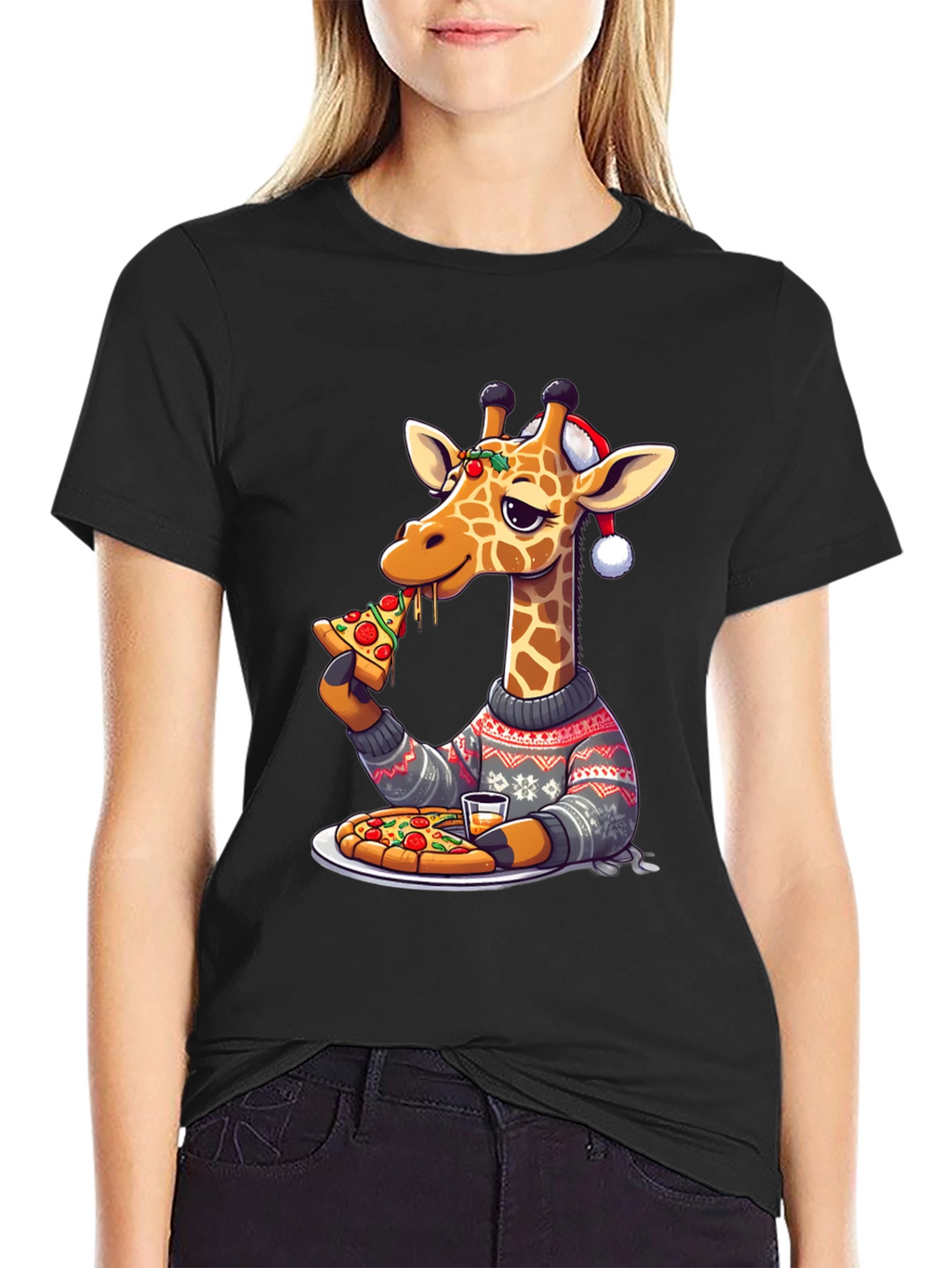 Giraffe Pizza Christmas T-Shirt