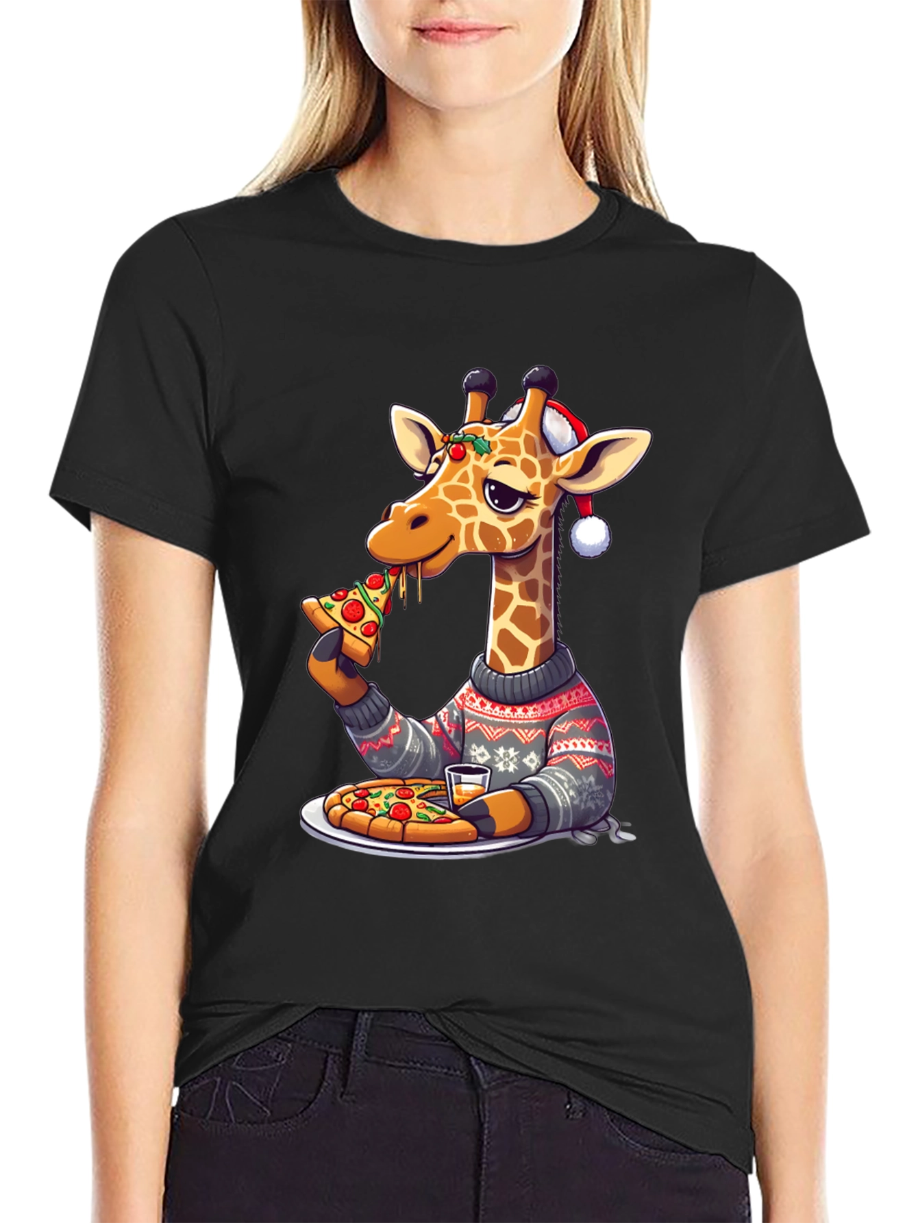 Giraffe Pizza Christmas T-Shirt