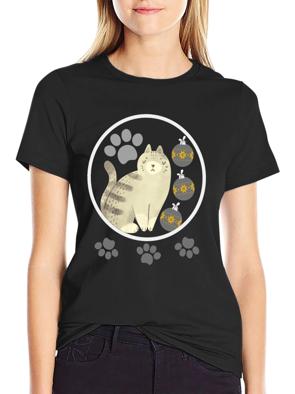 Cat & Paw Print Christmas Ornament T-Shirt