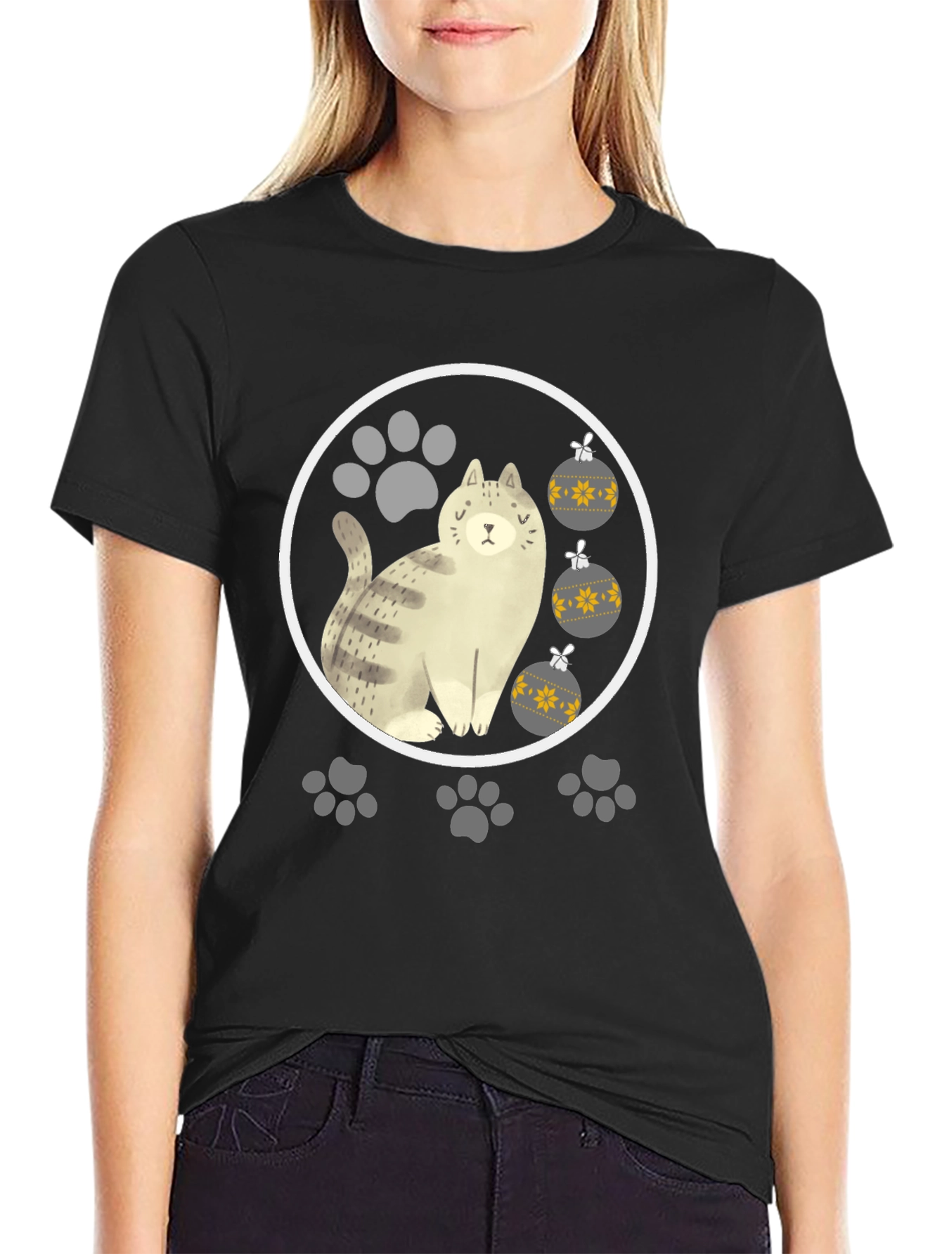 Cat & Paw Print Christmas Ornament T-Shirt
