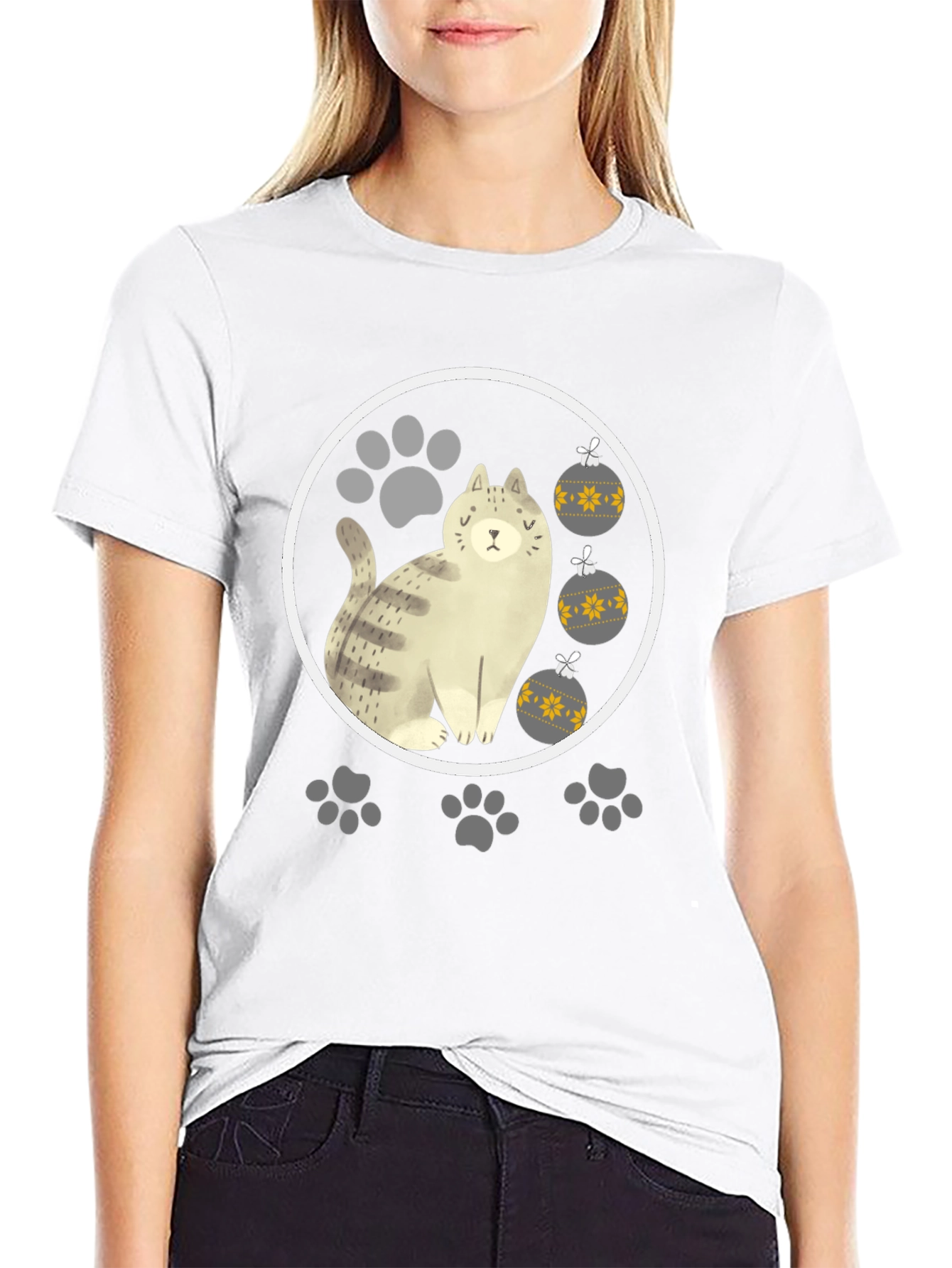 Cat & Paw Print Christmas Ornament T-Shirt