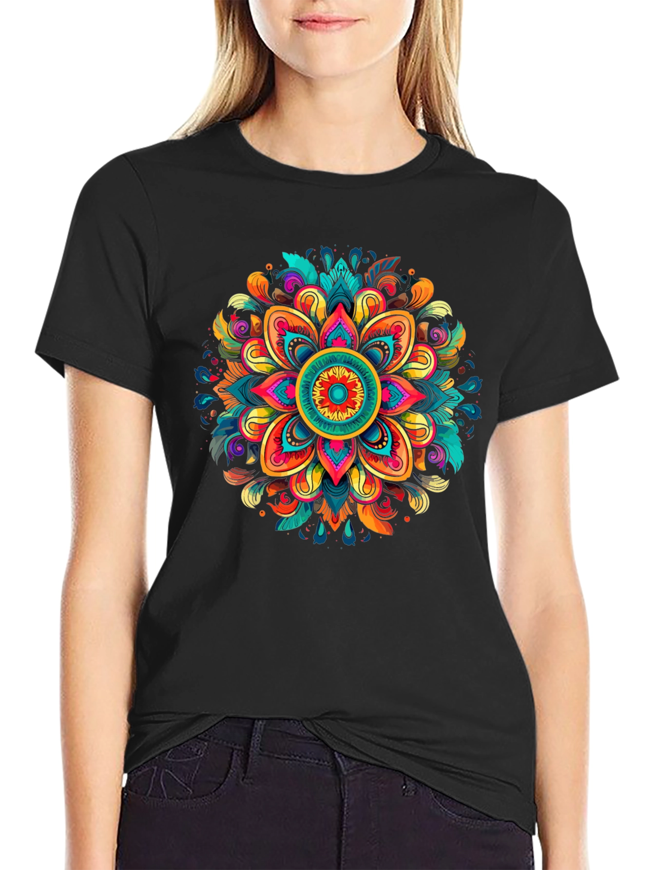 Vibrant Mandala Graphic Black T-Shirt