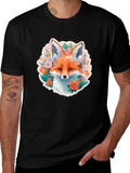 Floral Fox Graphic Tee - Stylish Black T-Shirt