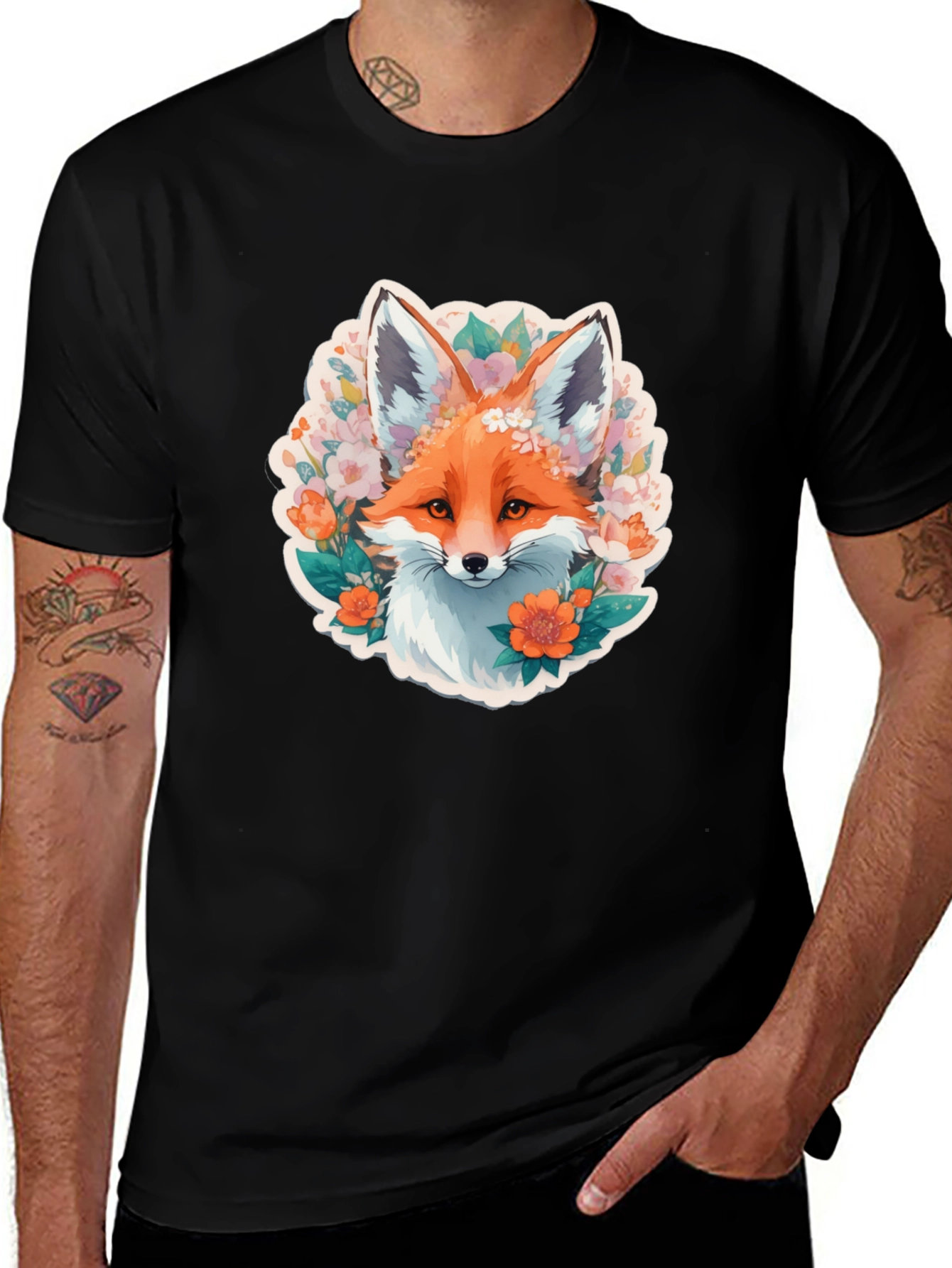 Floral Fox Graphic Tee - Stylish Black T-Shirt
