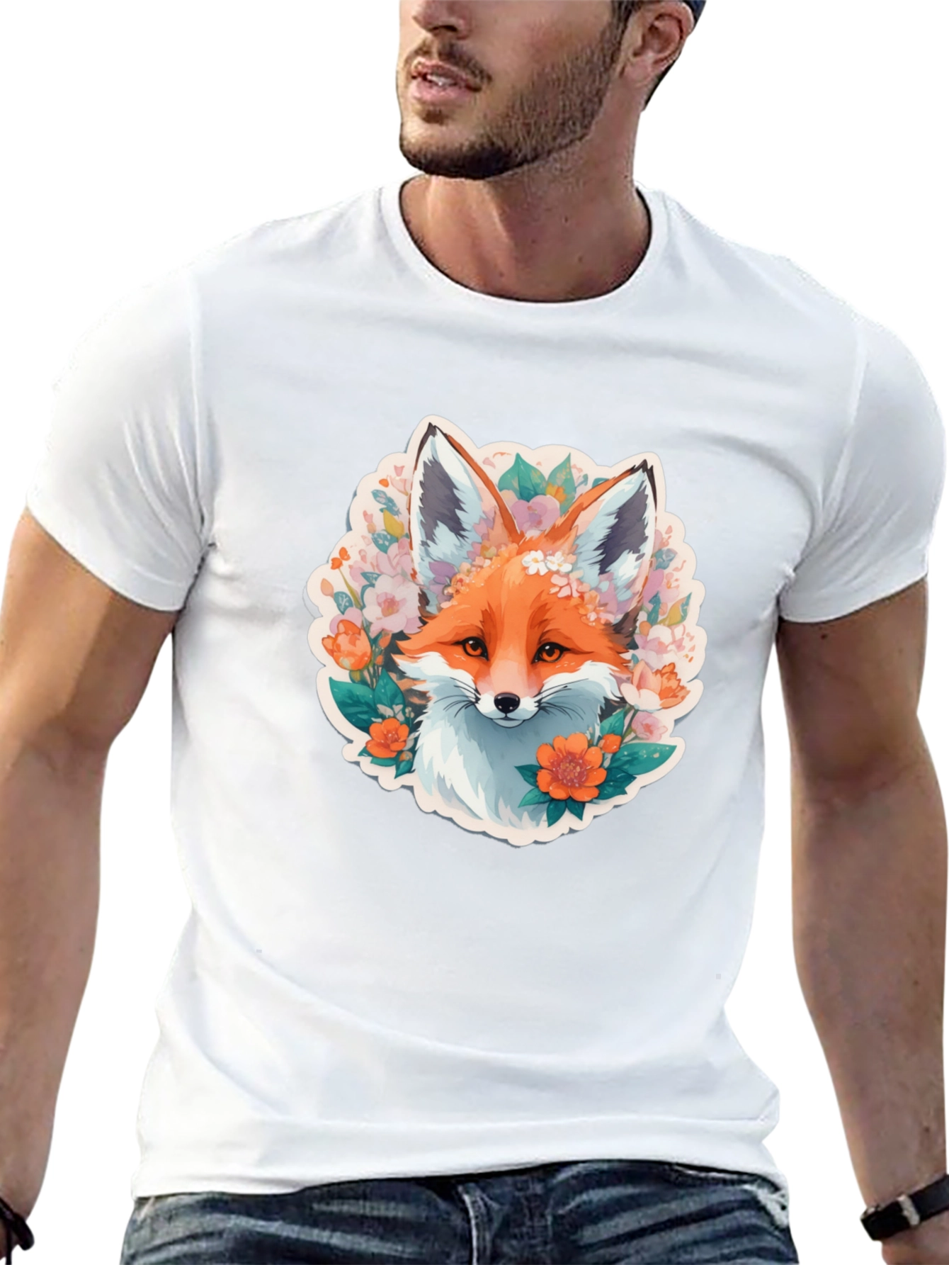 Floral Fox Graphic Tee - Stylish Black T-Shirt
