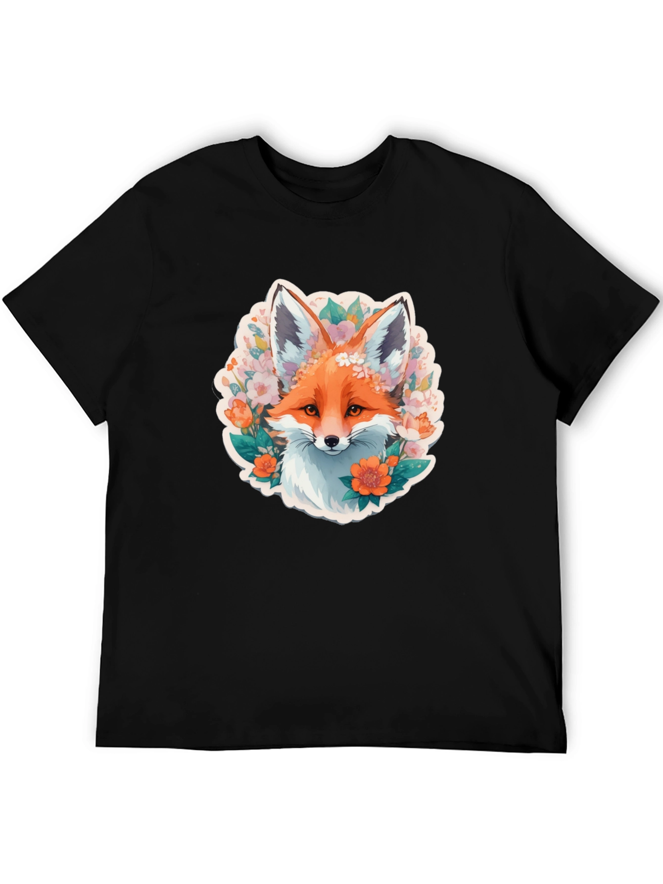 Floral Fox Graphic Tee - Stylish Black T-Shirt