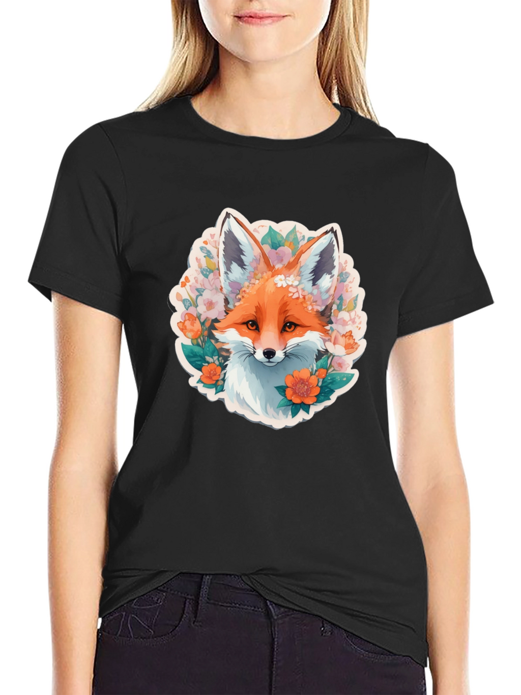 Floral Fox Graphic Tee - Stylish Black T-Shirt