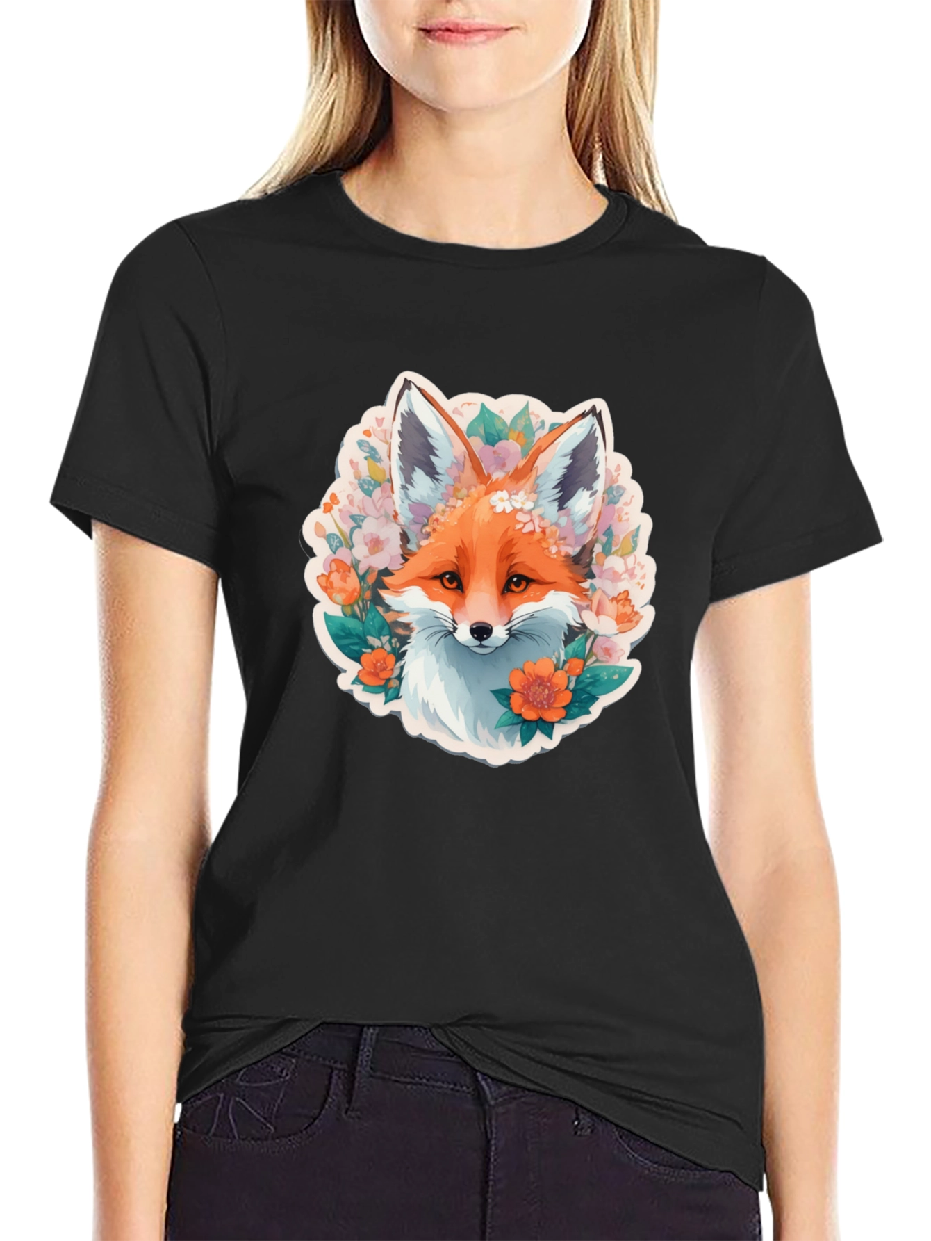 Floral Fox Graphic Tee - Stylish Black T-Shirt